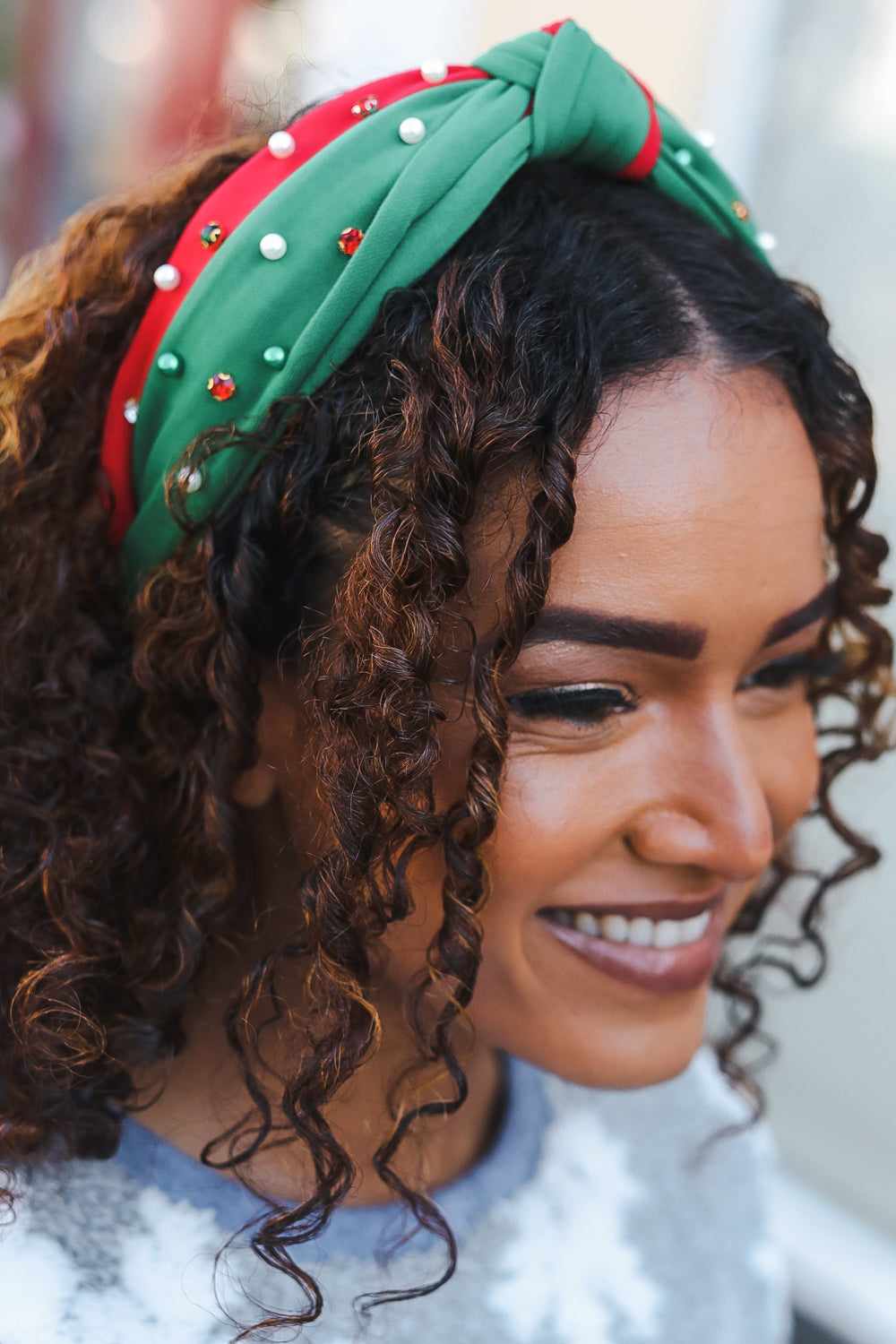 Green & Red Pearl & Rhinestone Top Knot Holiday Headband