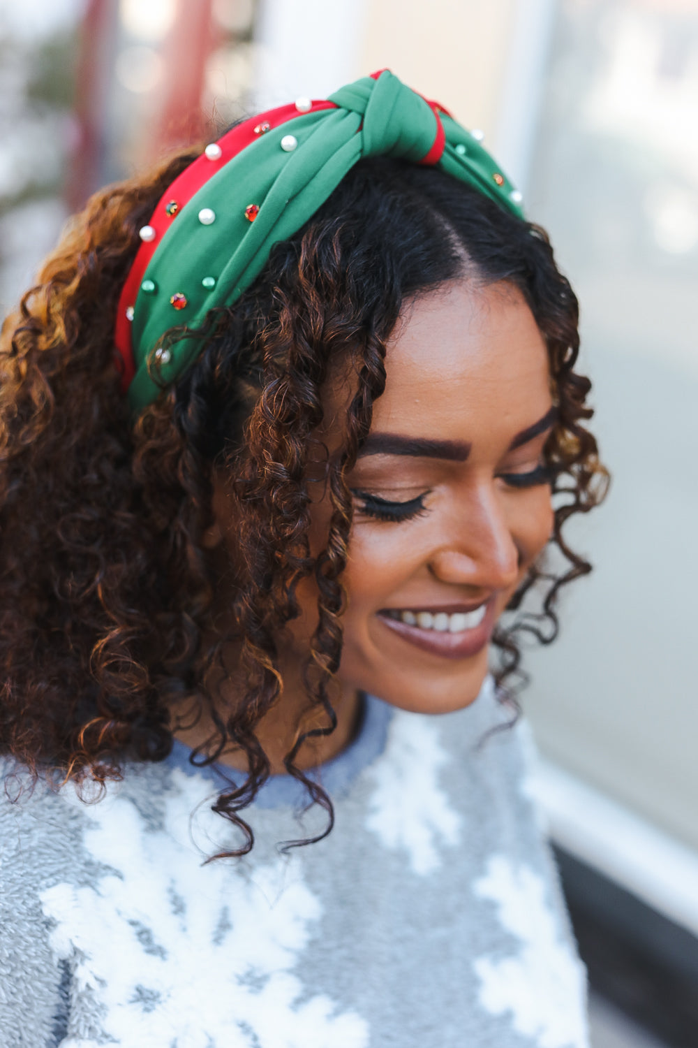 Green & Red Pearl & Rhinestone Top Knot Holiday Headband