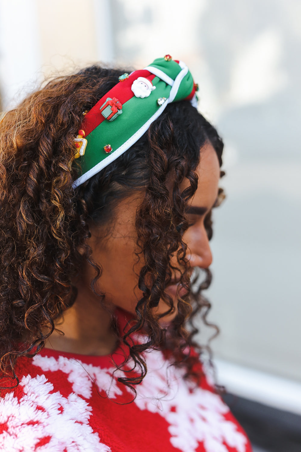 Santa Present Charms & Rhinestone Top Knot Holiday Headband