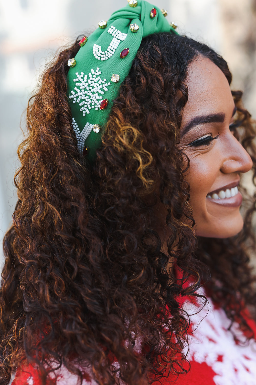 Green Snowflake Jeweled Christmas Top Knot Headband