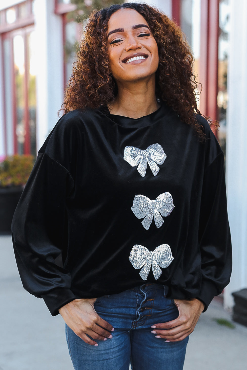 Home For The Holiday Silver Sequin Bow Velvet Pullover Top