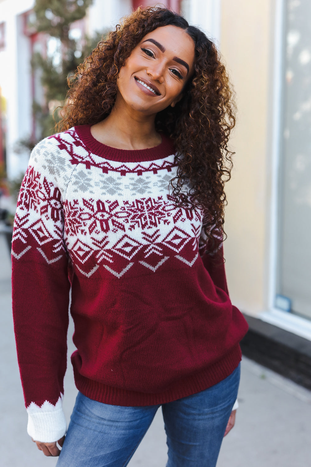 Merry Christmas Merlot Snowflake Oversized Sweater Top