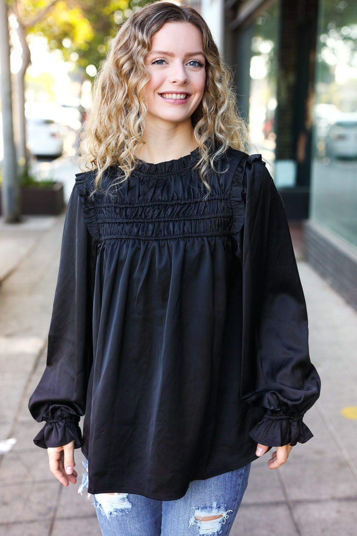 Be Your Best Black Satin Shirred Yoke Frilled Mock Neck Top