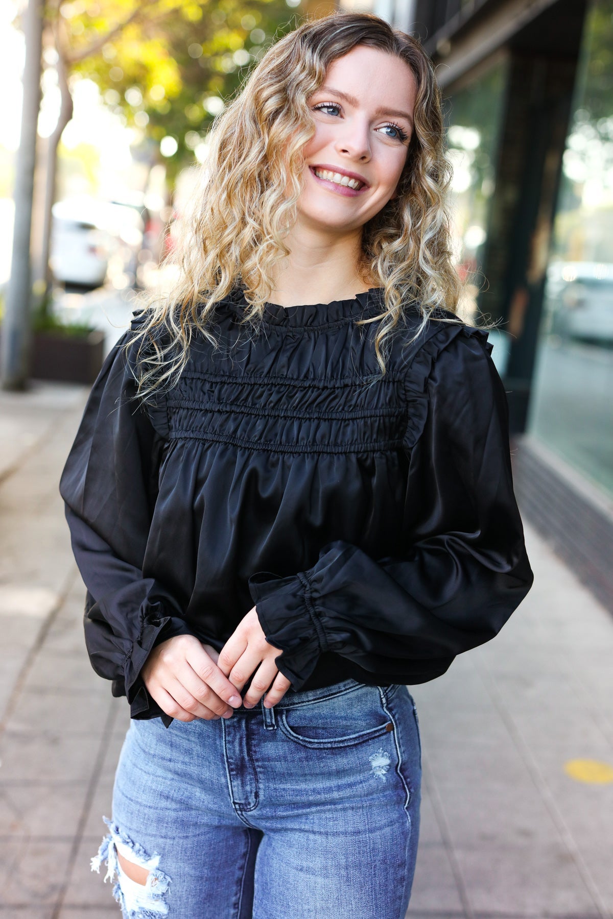 Be Your Best Black Satin Shirred Yoke Frilled Mock Neck Top