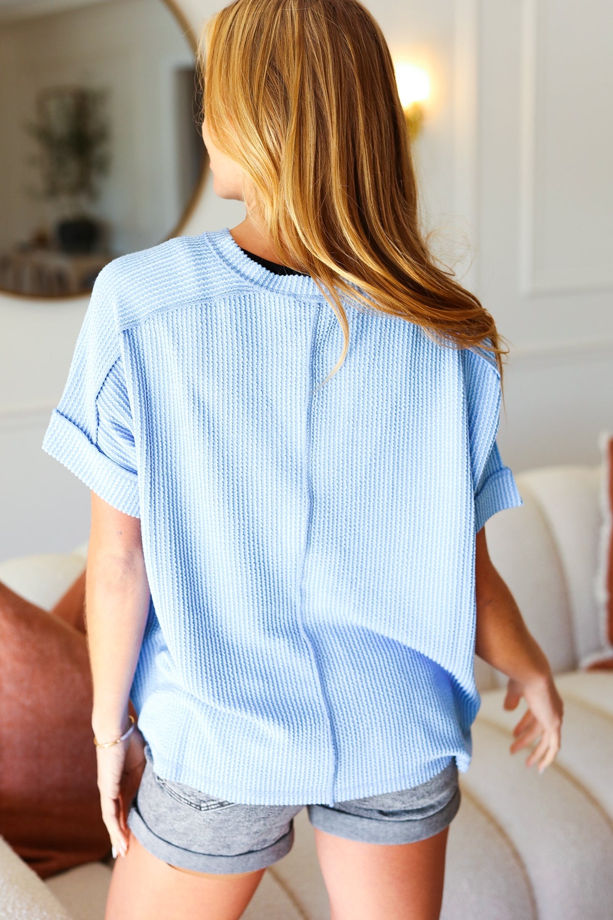 Everyday Blue Mineral Wash Rib Cuff Sleeved Top