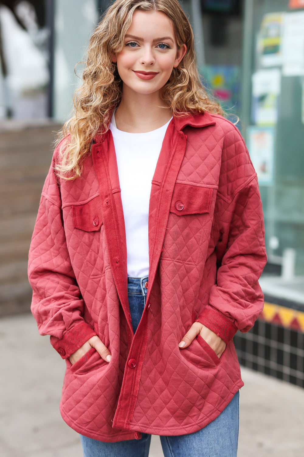 Eyes On You Marsala Quilted Knit Button Down Shacket