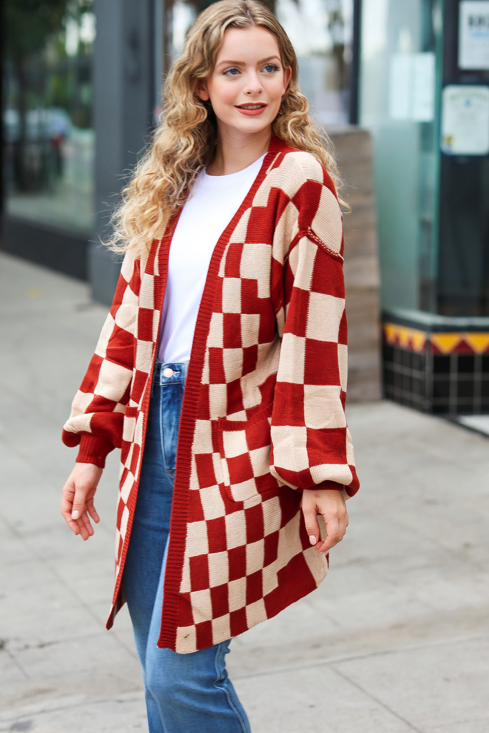 Can't Help But Love Rust Checkered Open Cardigan