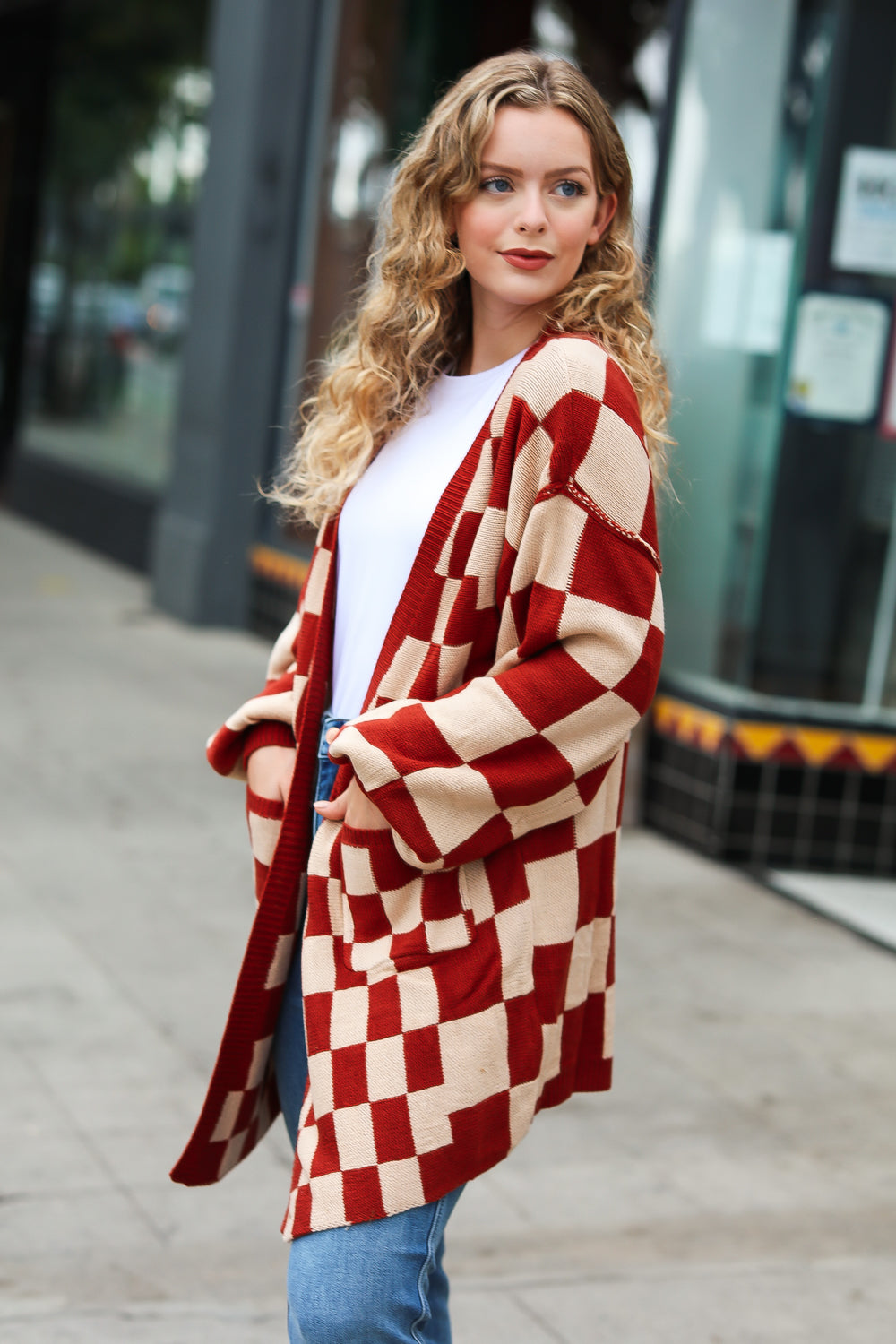 Can't Help But Love Rust Checkered Open Cardigan