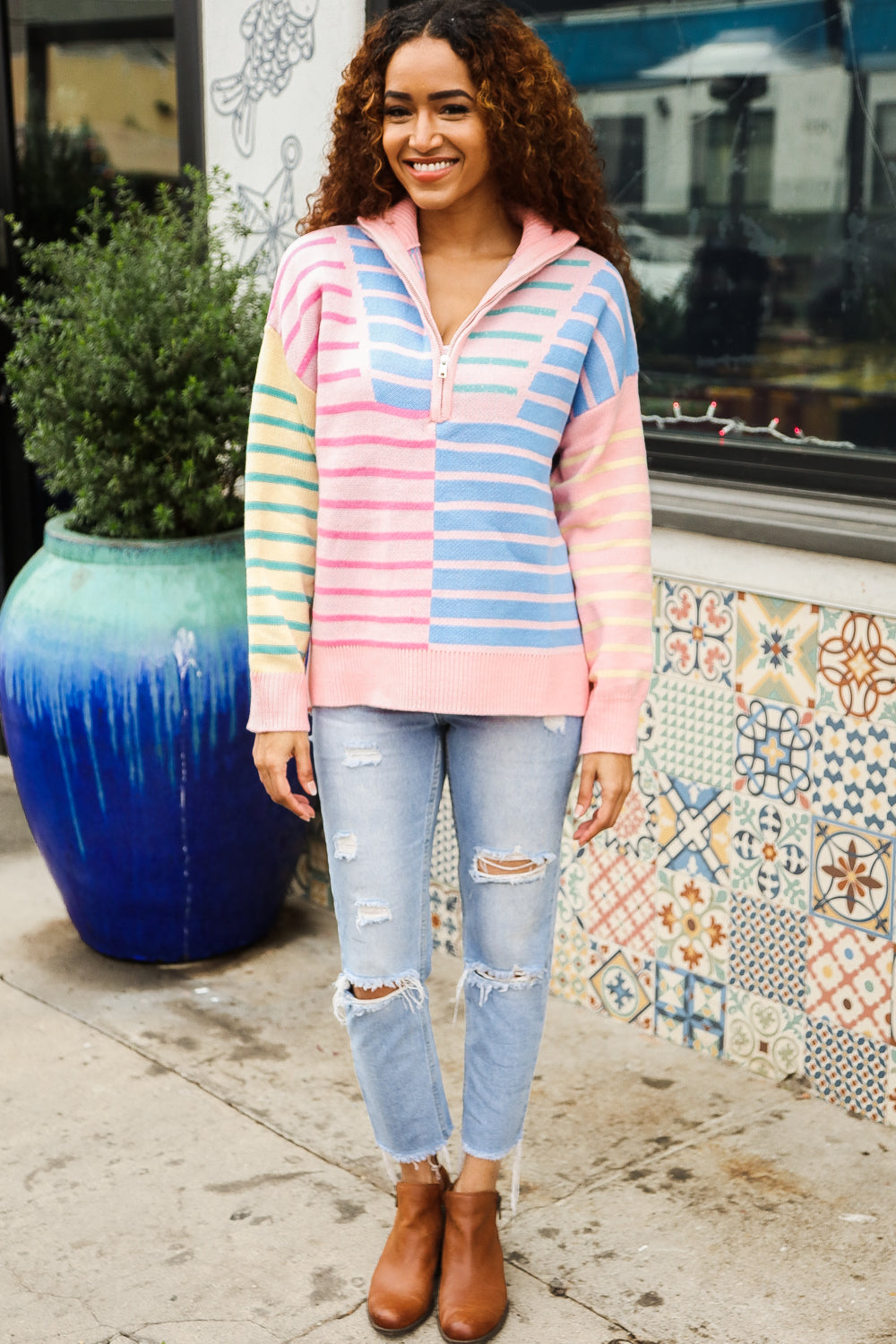 Perfectly Poised Blush & Blue Stripe Half Zip Up Oversized Sweater