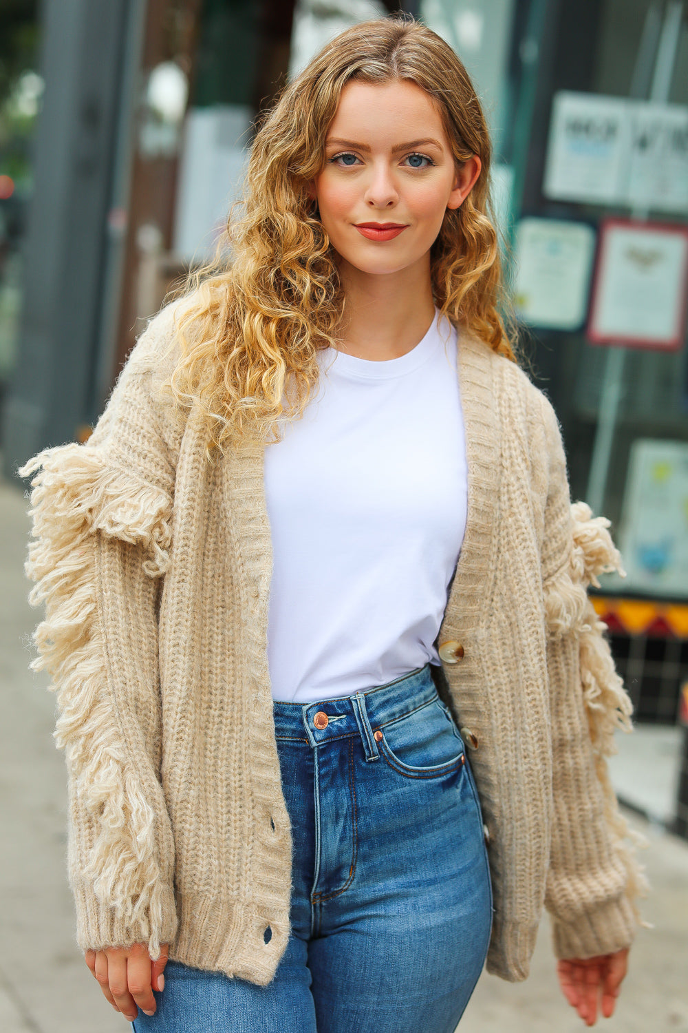 Weekend Ready Oatmeal V Neck Fringe Chunky Cable Cardigan