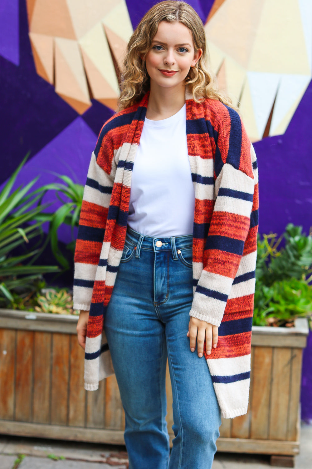 Put Together Rust & Navy Striped Pocketed Cardigan