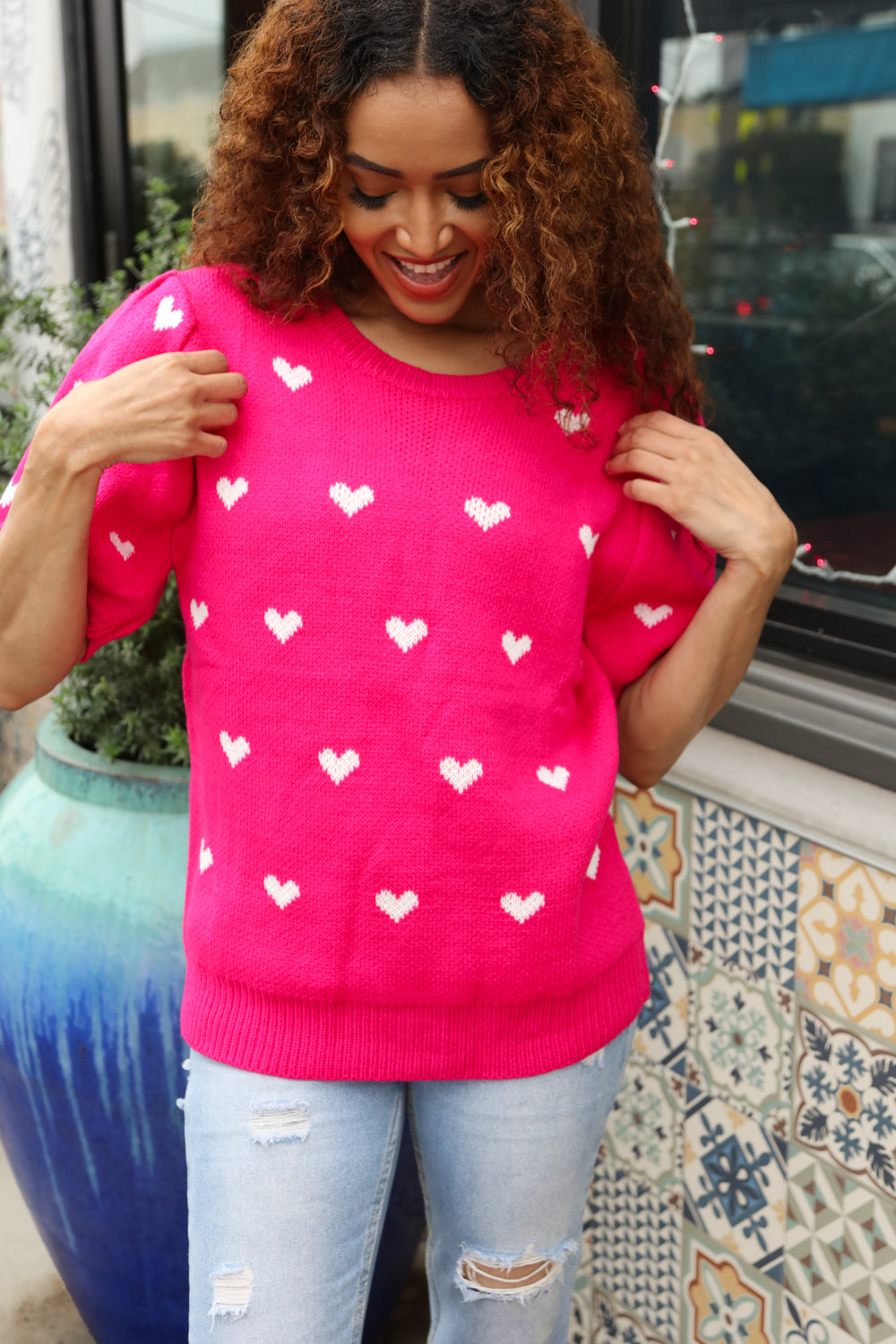 Be Mine Pink & White Heart Oversized Jacquard Sweater