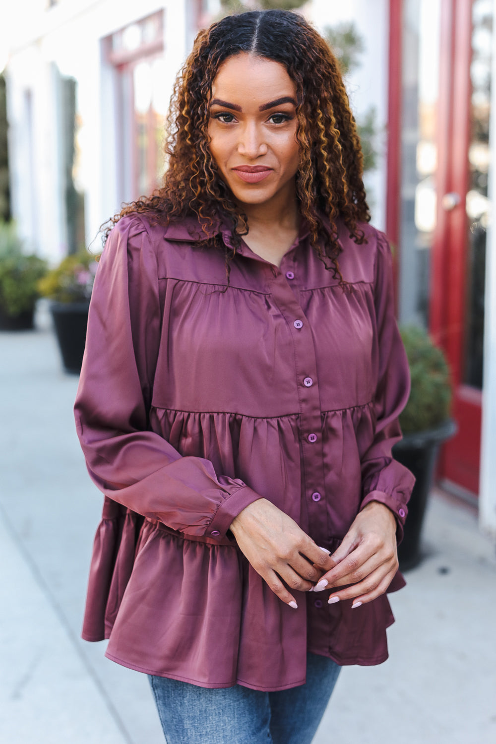 Perfectly You Burgundy Button Down Tiered Babydoll Satin Top