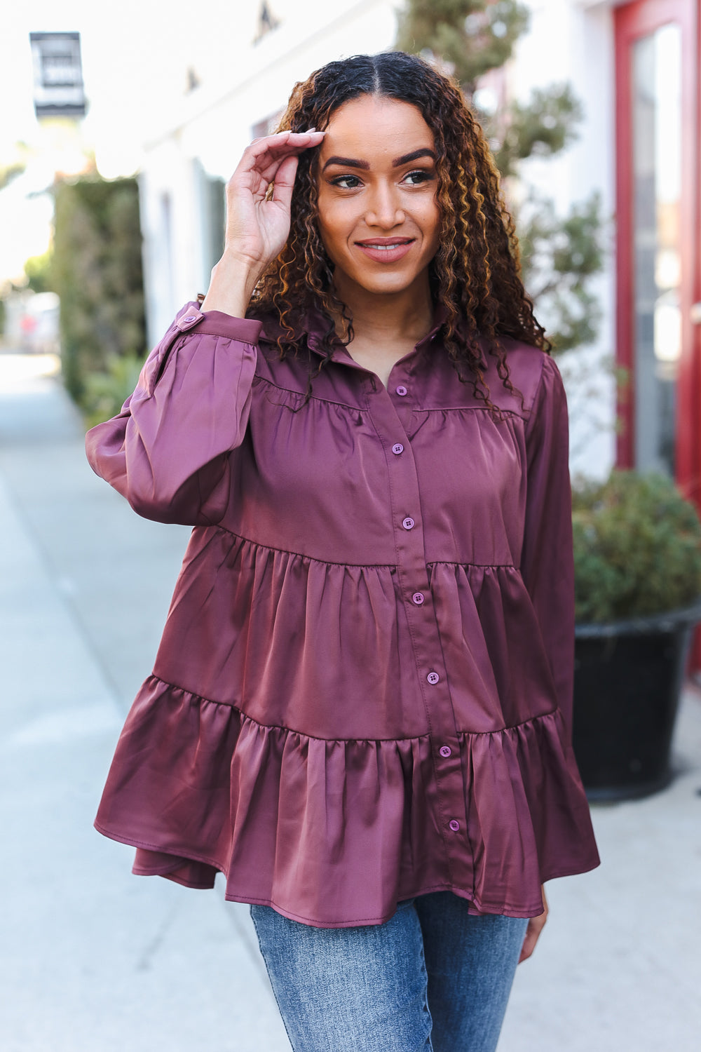 Perfectly You Burgundy Button Down Tiered Babydoll Satin Top