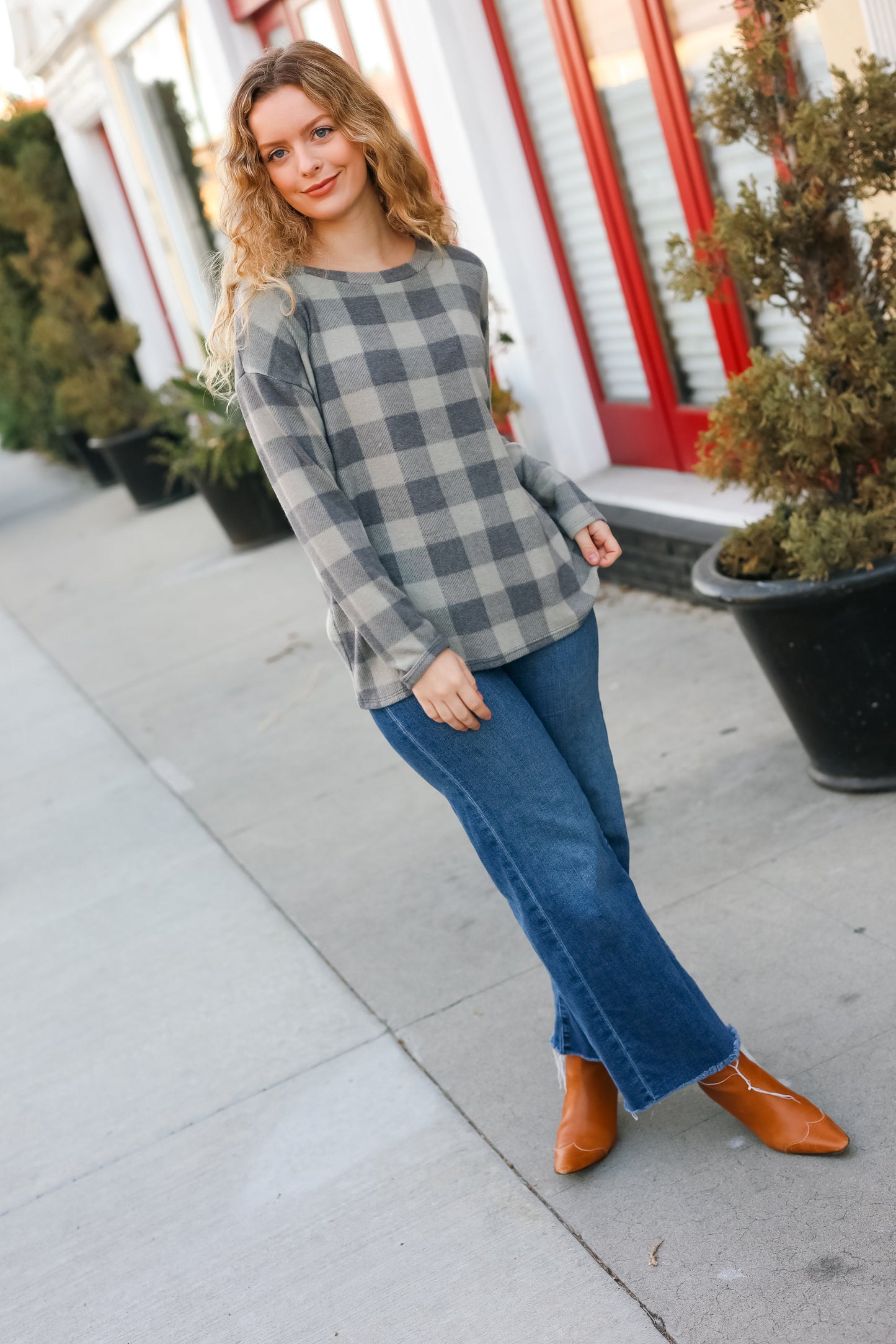 Check It Out Olive Grey Checker Plaid Hacci Pullover