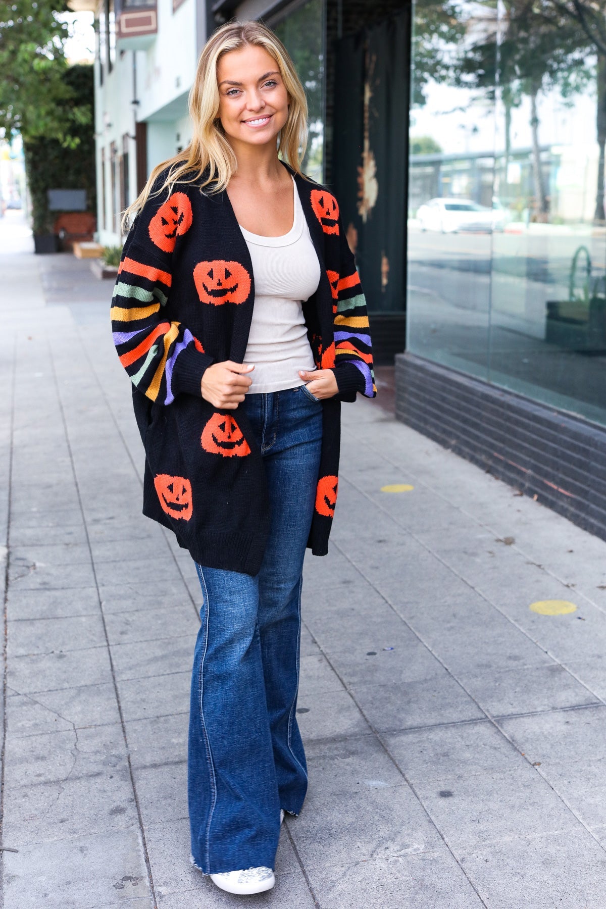 Pumpkin Multicolor Stripe Jacquard Knit Open Cardigan