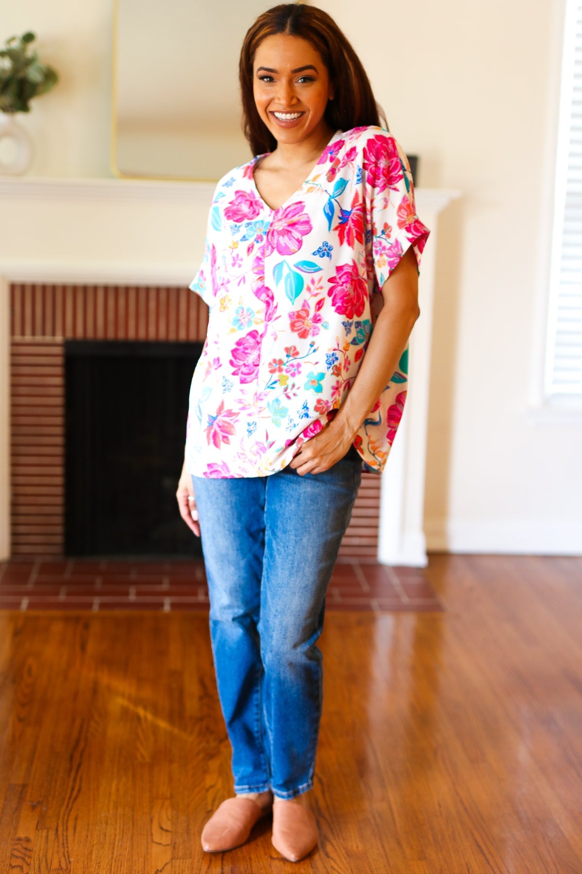 Embrace The Day Ivory & Fuchsia Floral V Neck Woven Top