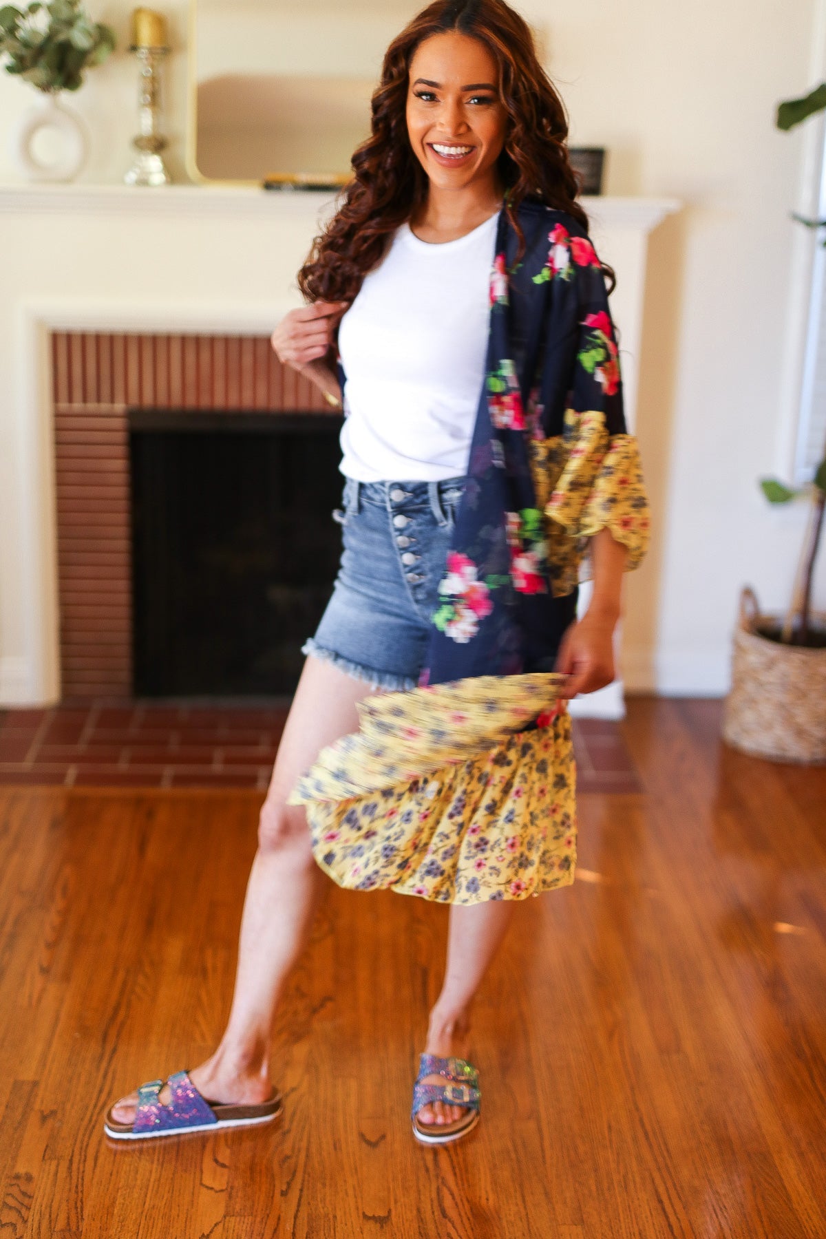 Navy & Yellow Colorblock Floral Chiffon Ruffle Kimono