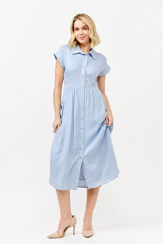 Everyday Chic Denim Blue Button-Down Collared Swing Dress