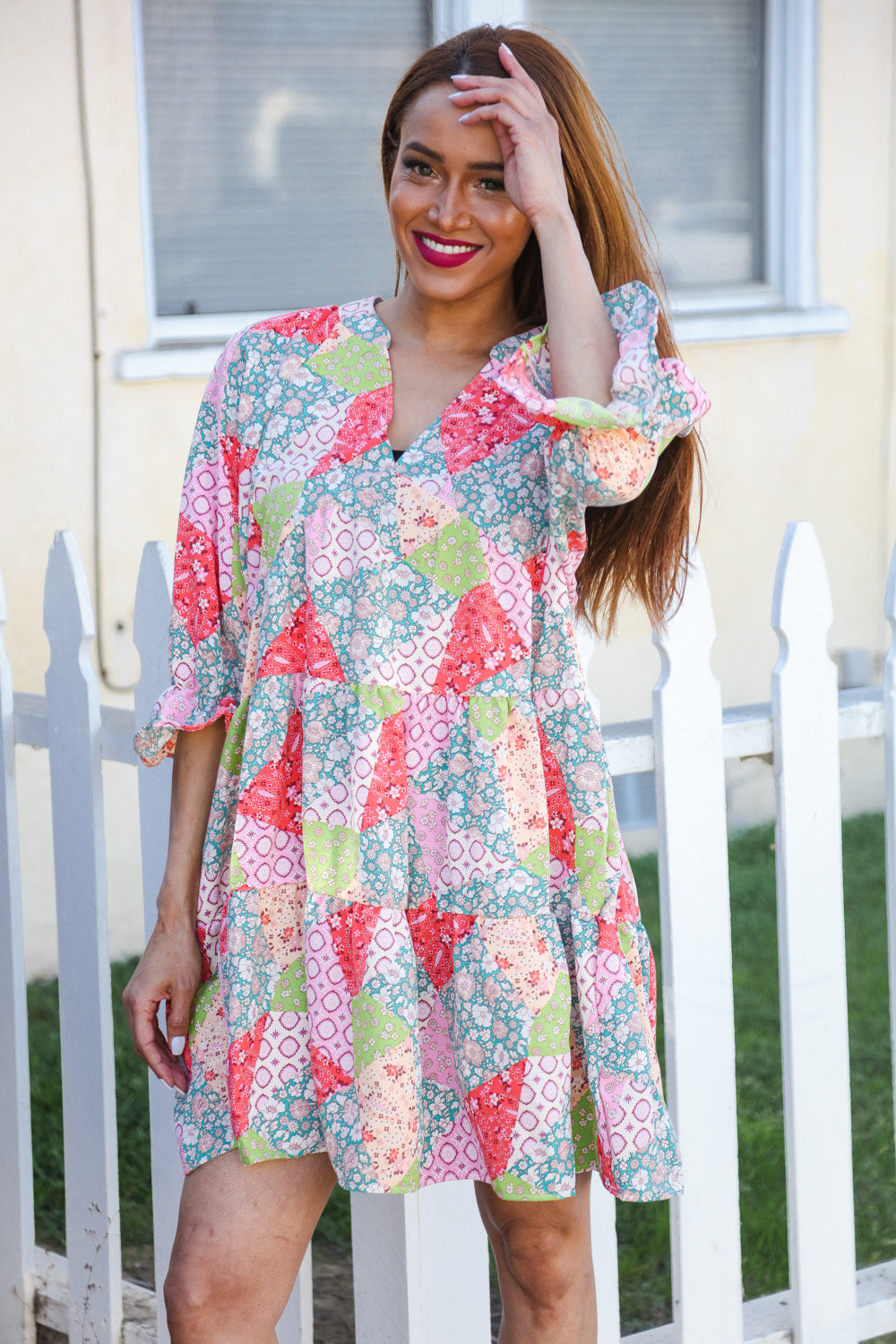 Look Of Love Lime/Coral Patchwork Print V Neck Dress