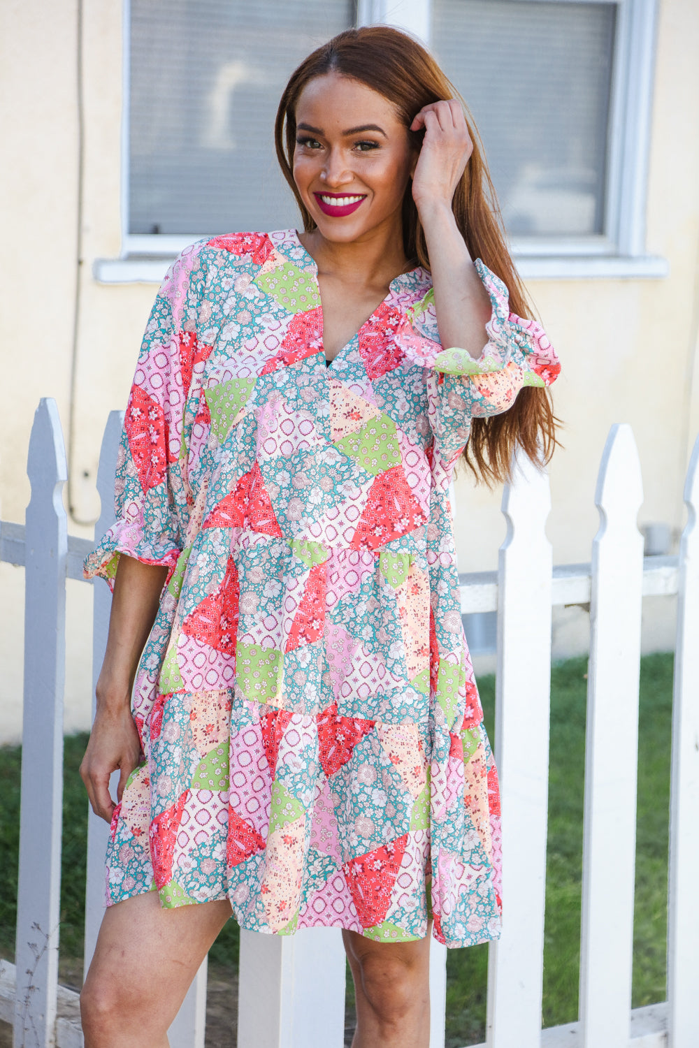 Look Of Love Lime/Coral Patchwork Print V Neck Dress