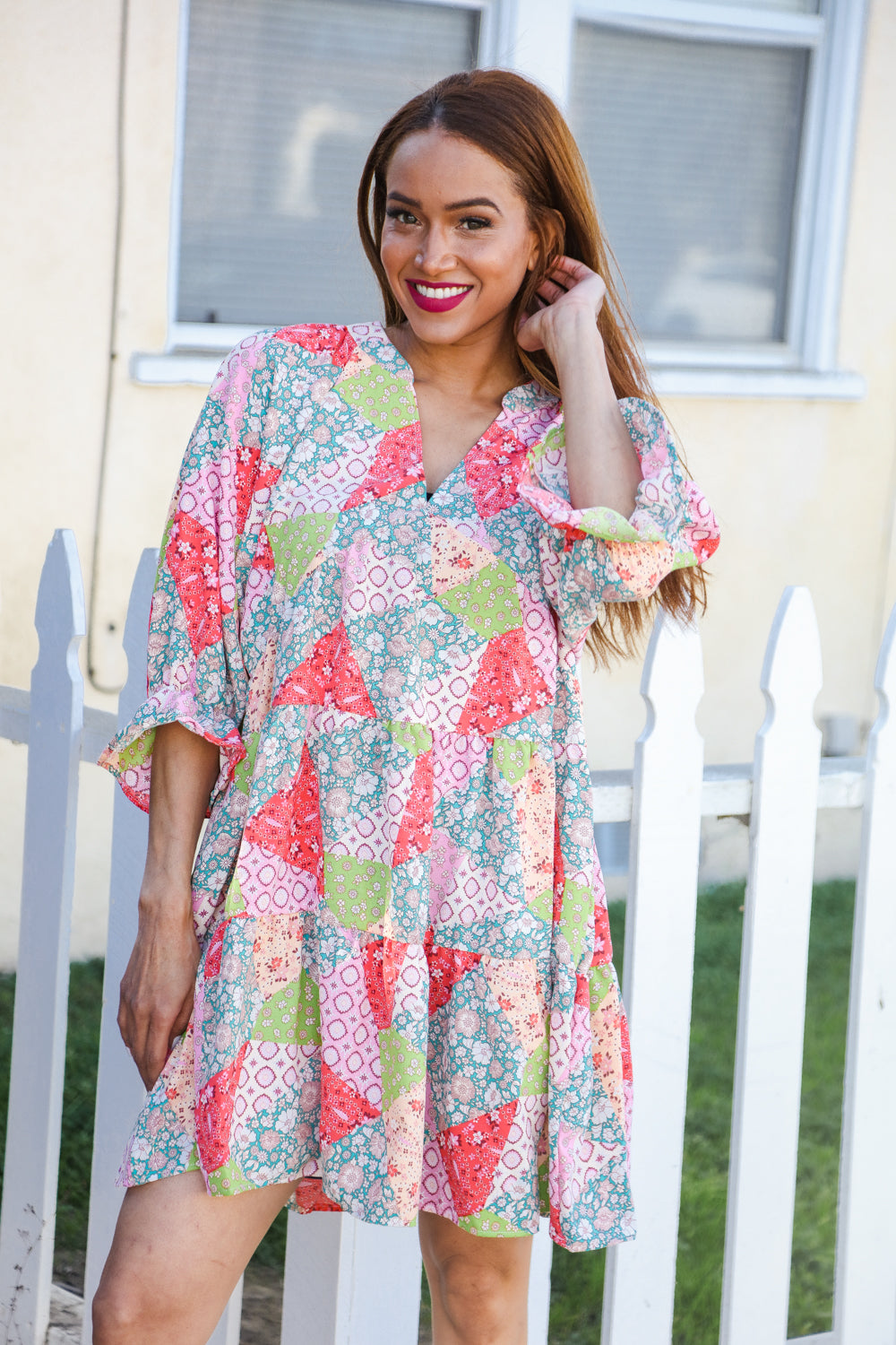 Look Of Love Lime/Coral Patchwork Print V Neck Dress