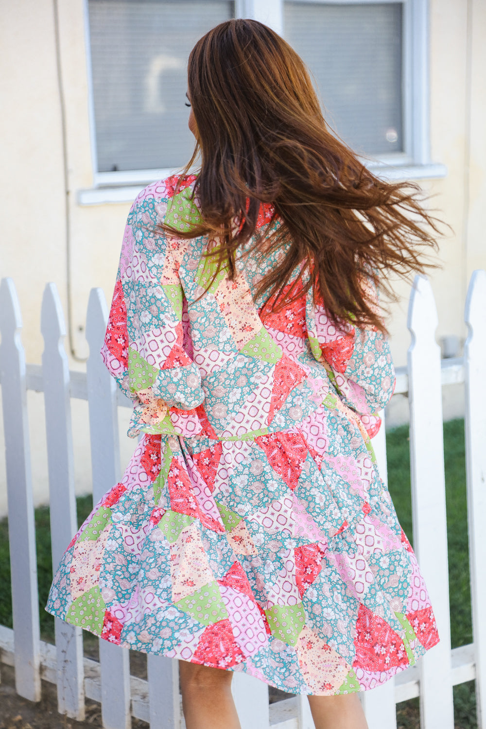Look Of Love Lime/Coral Patchwork Print V Neck Dress
