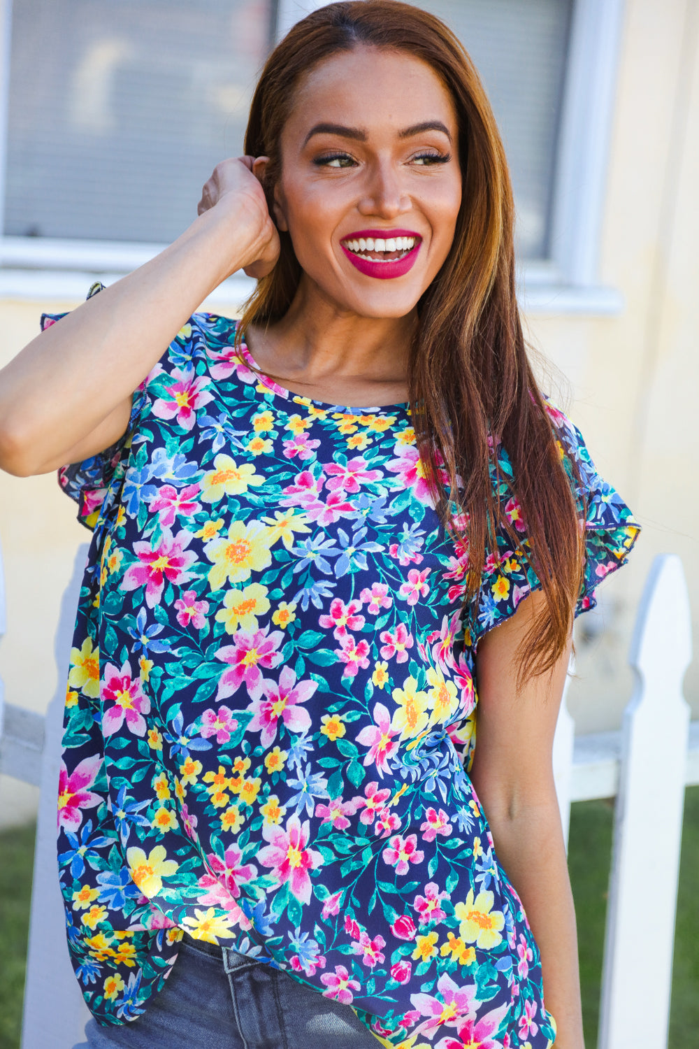 Be Your Best Blue/Multicolor Floral Print Flutter Sleeve Blouse