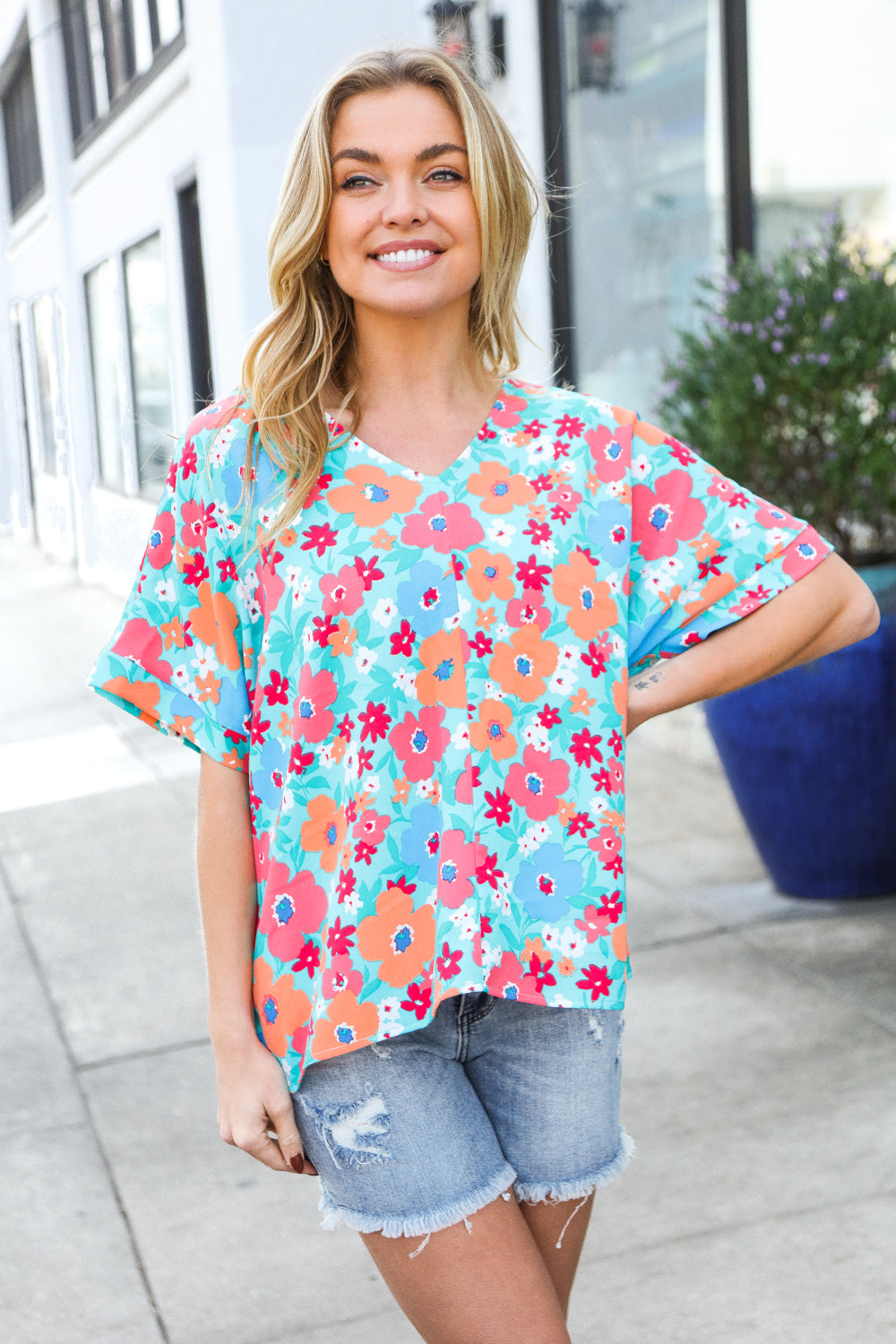 Under Your Spell Mint Flat Floral V Neck Dolman Top