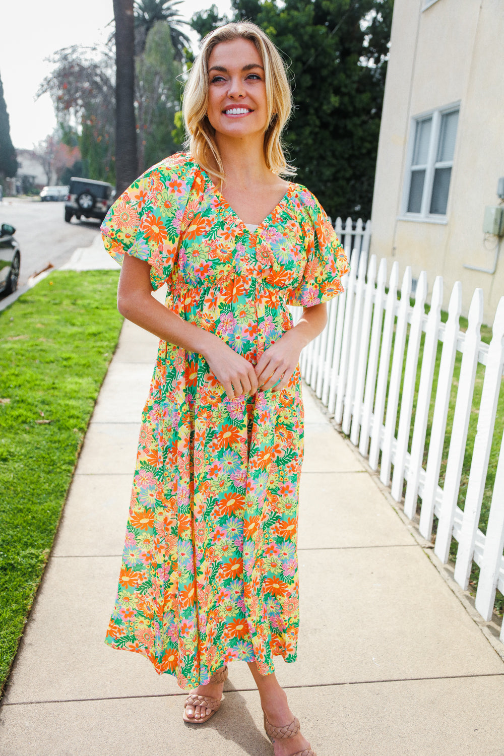 Hello Beautiful Sage Elastic V Neck Tiered Daisy Floral Maxi Dress