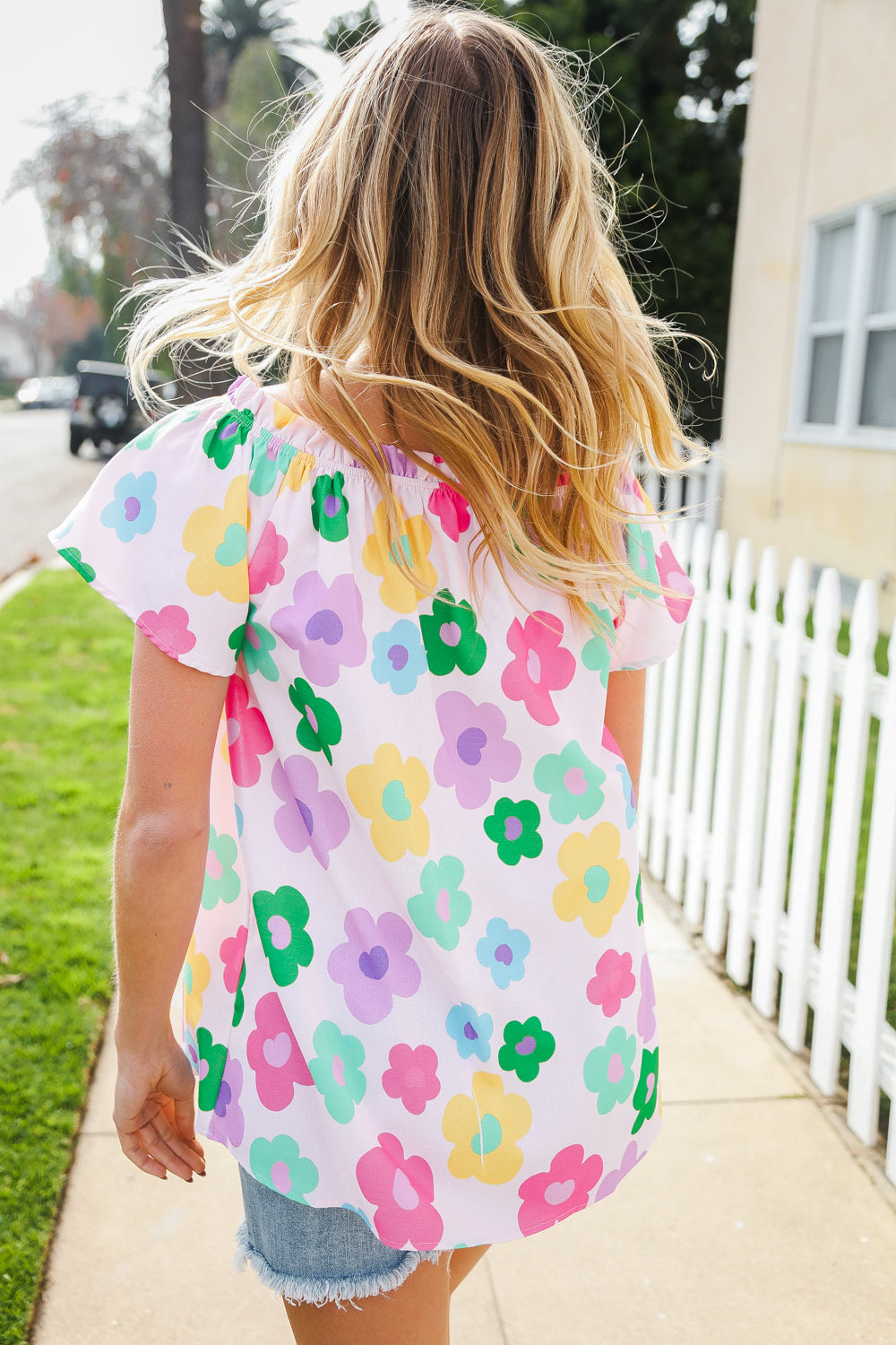 Spring Vibes Multicolor Flower Print Frill Neck Blouse