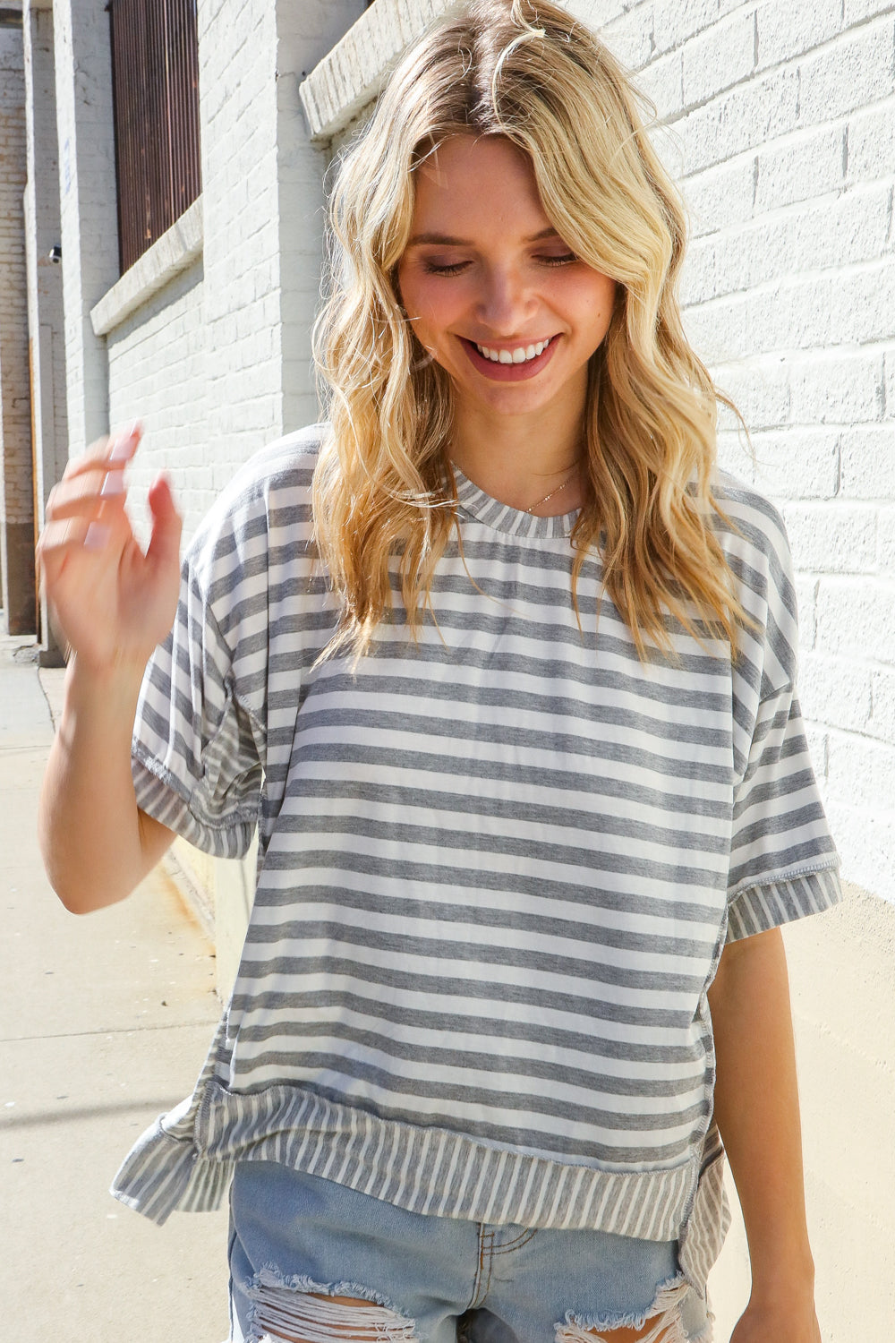 Spring Vibes Heather Gray Oversize Outseam Stitch Top