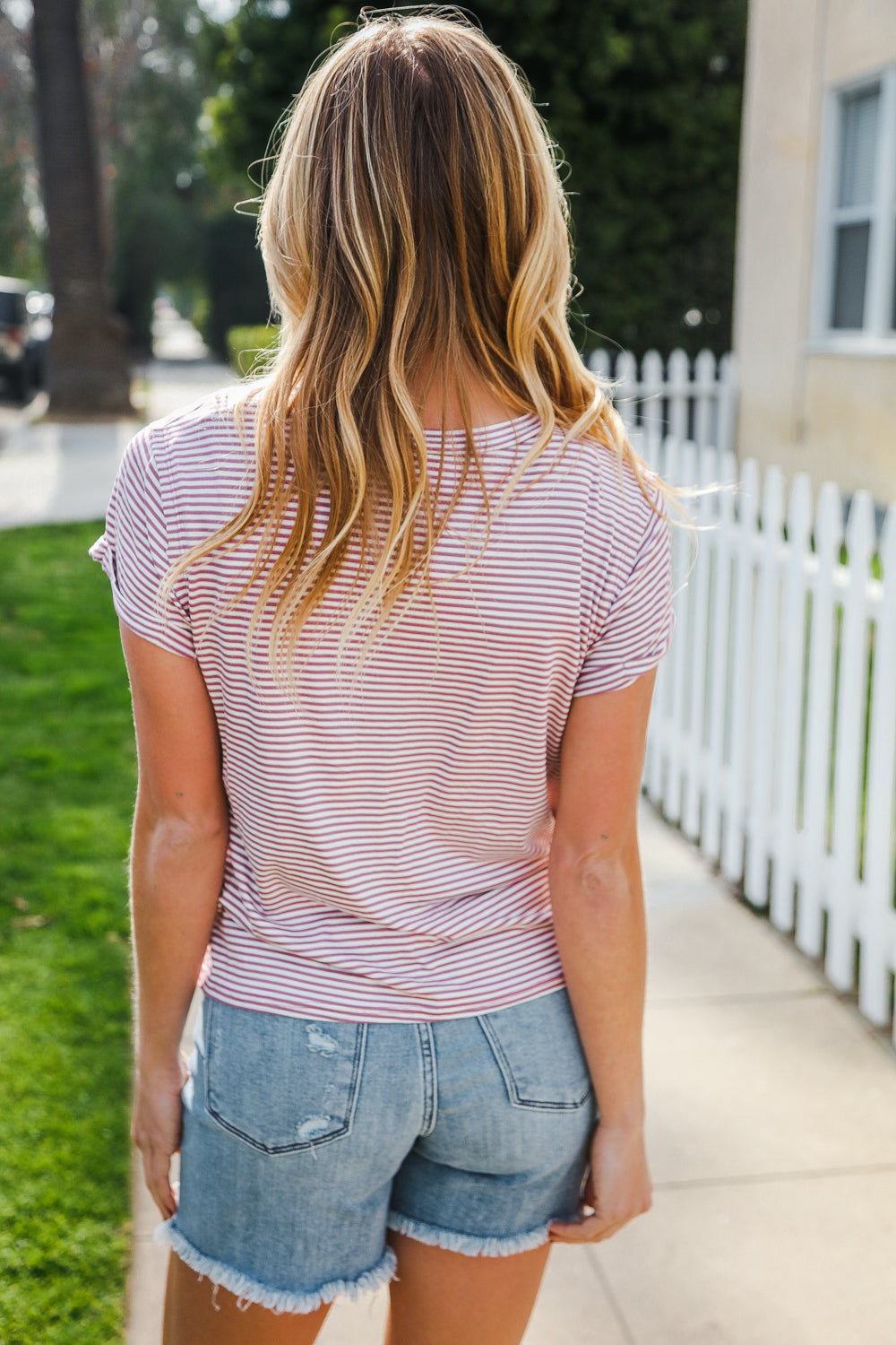 Everyday Chic Maroon & White Stripe Short Sleeve Knit Top