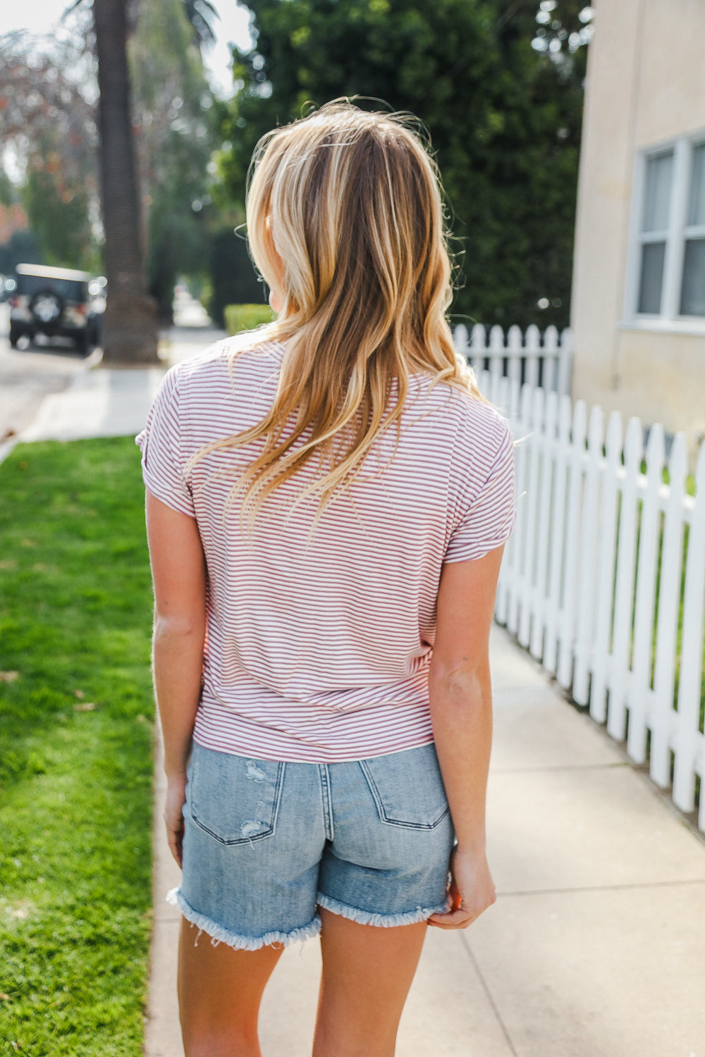 Everyday Chic Maroon & White Stripe Short Sleeve Knit Top