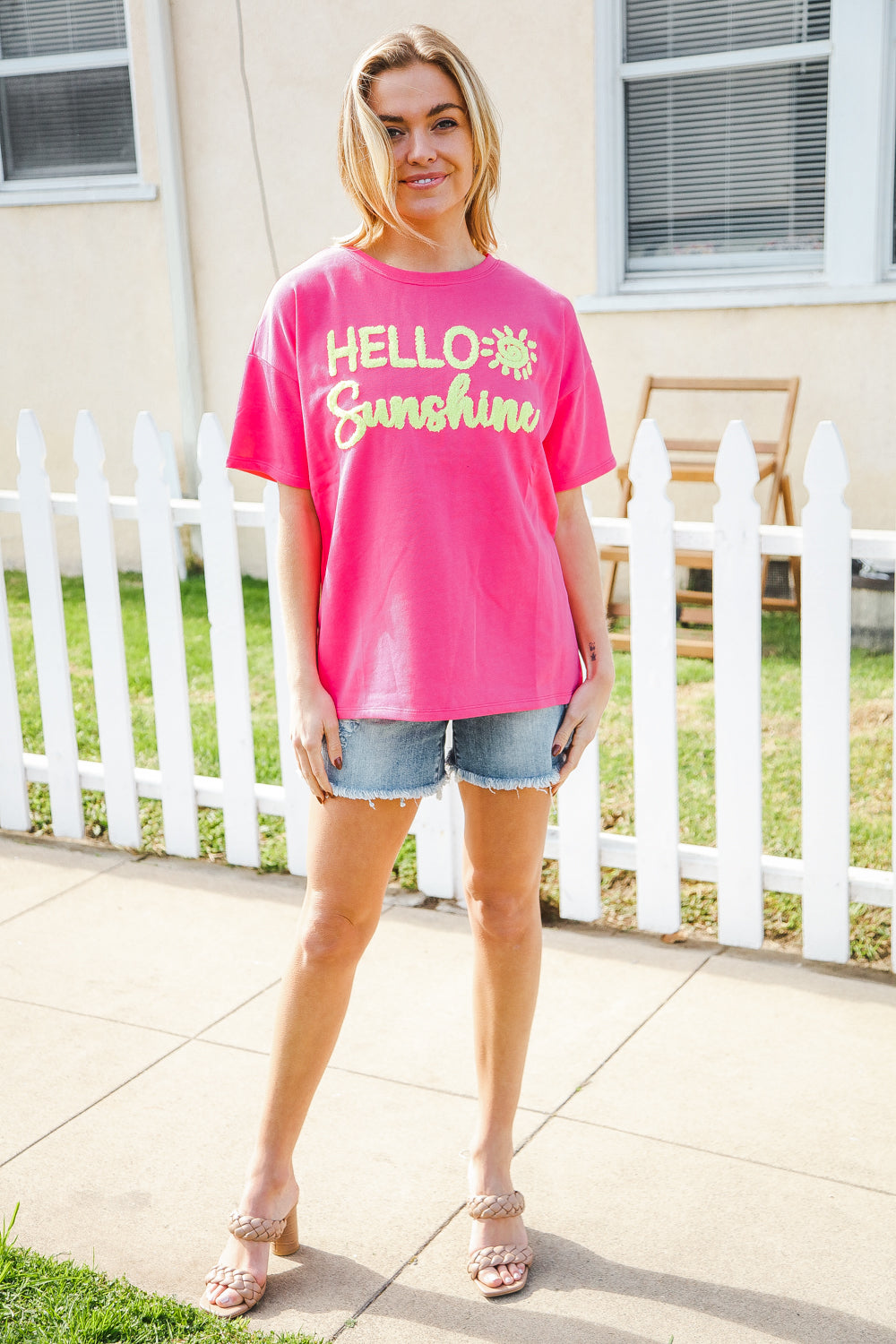 Hello Sunshine Pink/Yellow Embroidered French Terry Pullover (Copy)
