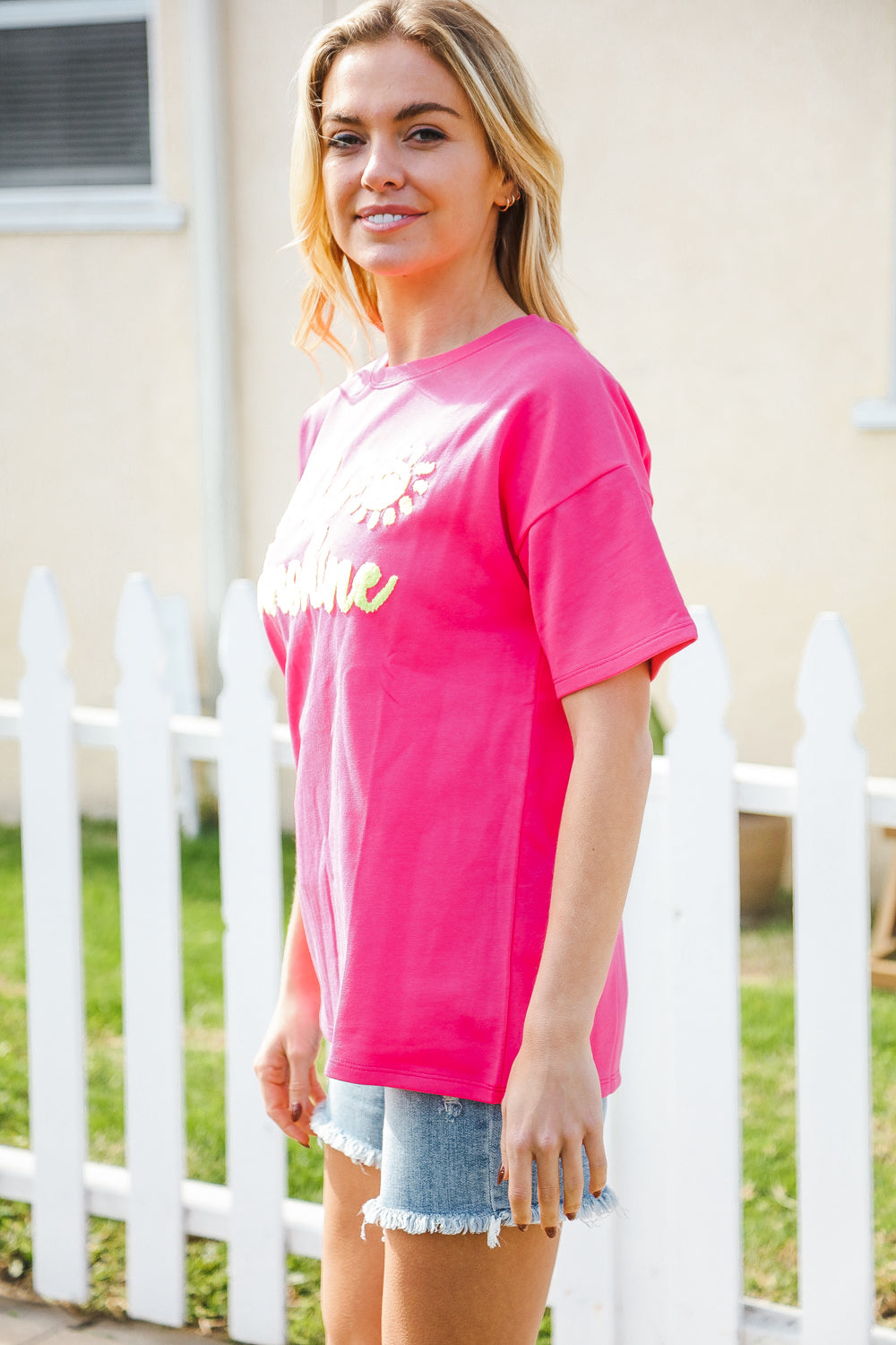 Hello Sunshine Pink/Yellow Embroidered French Terry Pullover (Copy)