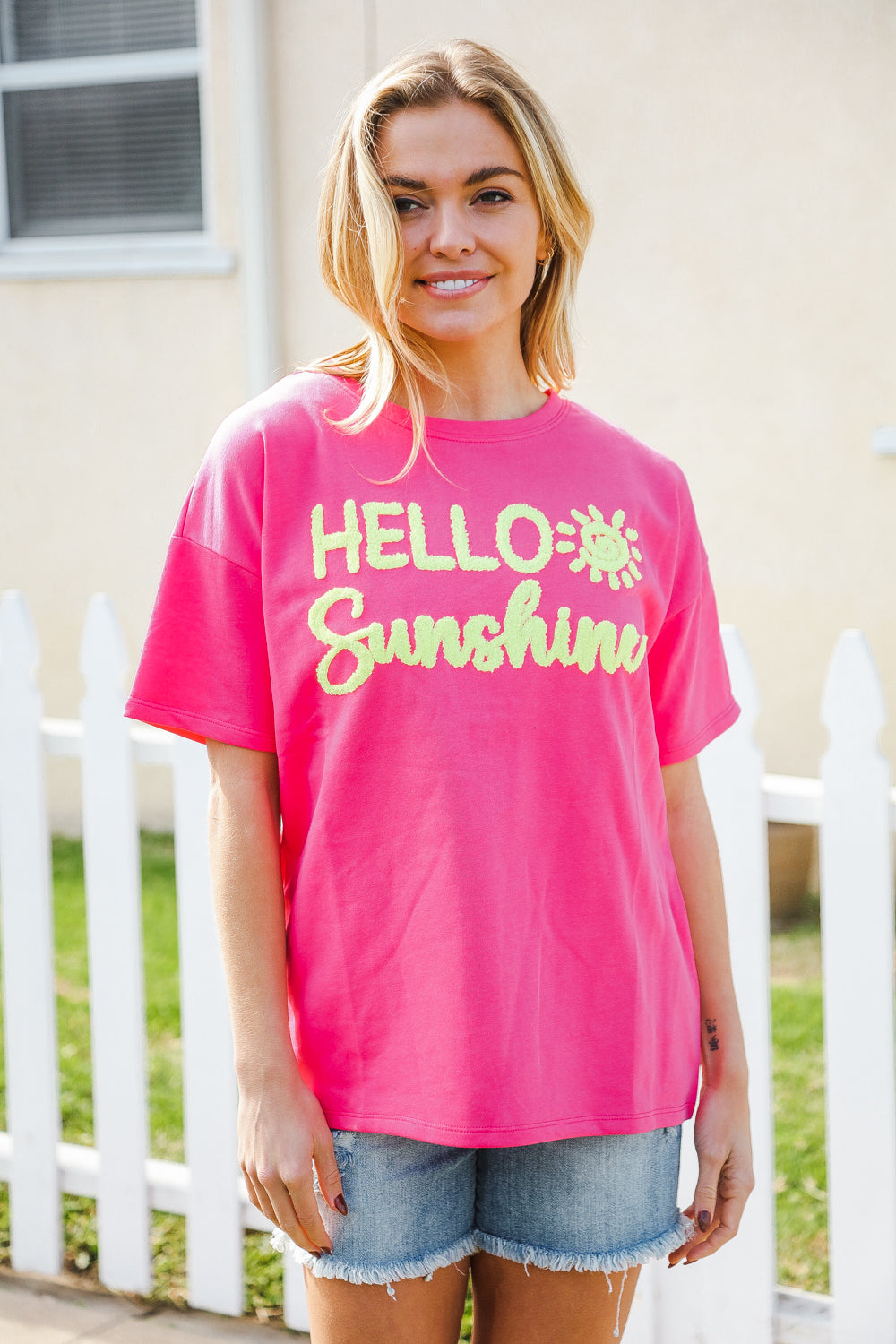 Hello Sunshine Pink/Yellow Embroidered French Terry Pullover (Copy)