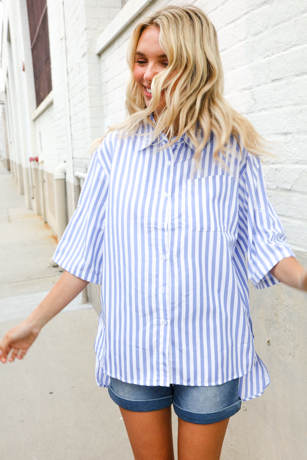 Put Together Blue & White Stripe Button-Down Hi-Lo Top