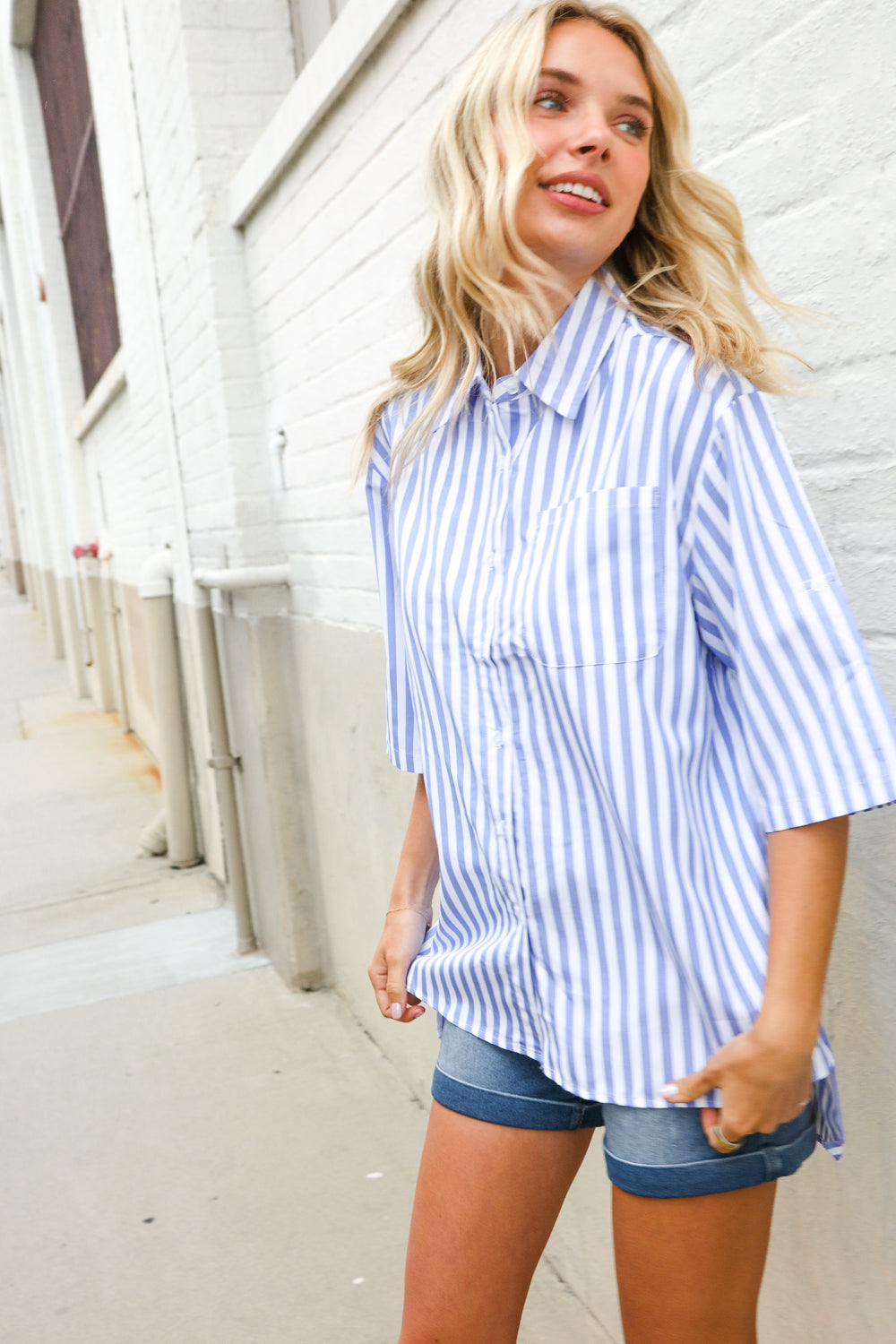 Put Together Blue & White Stripe Button-Down Hi-Lo Top