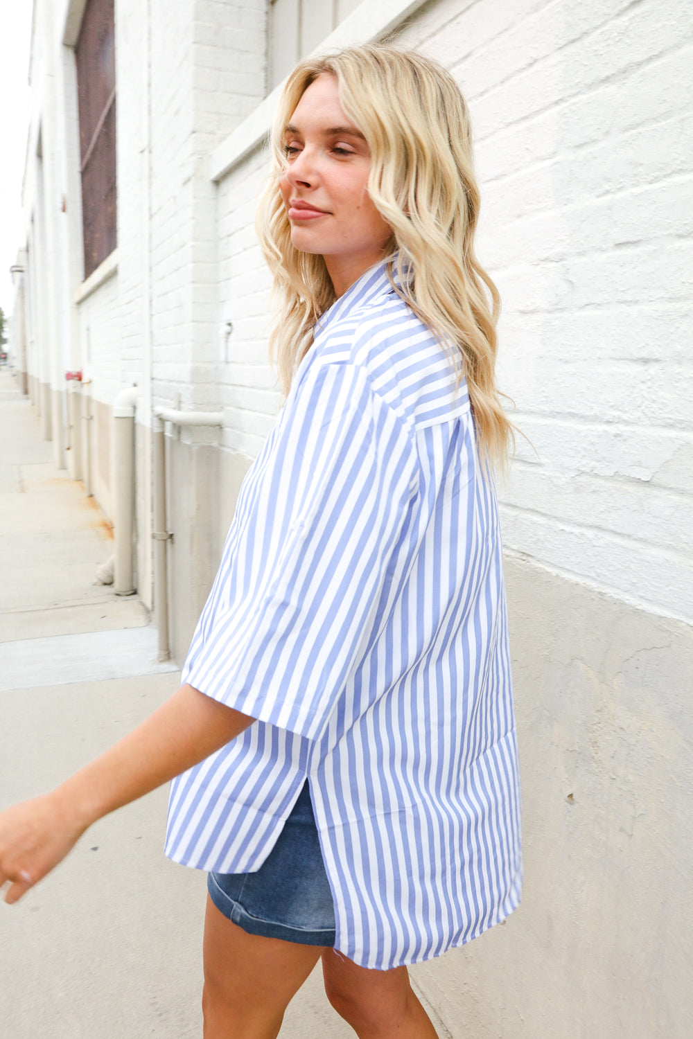 Put Together Blue & White Stripe Button-Down Hi-Lo Top