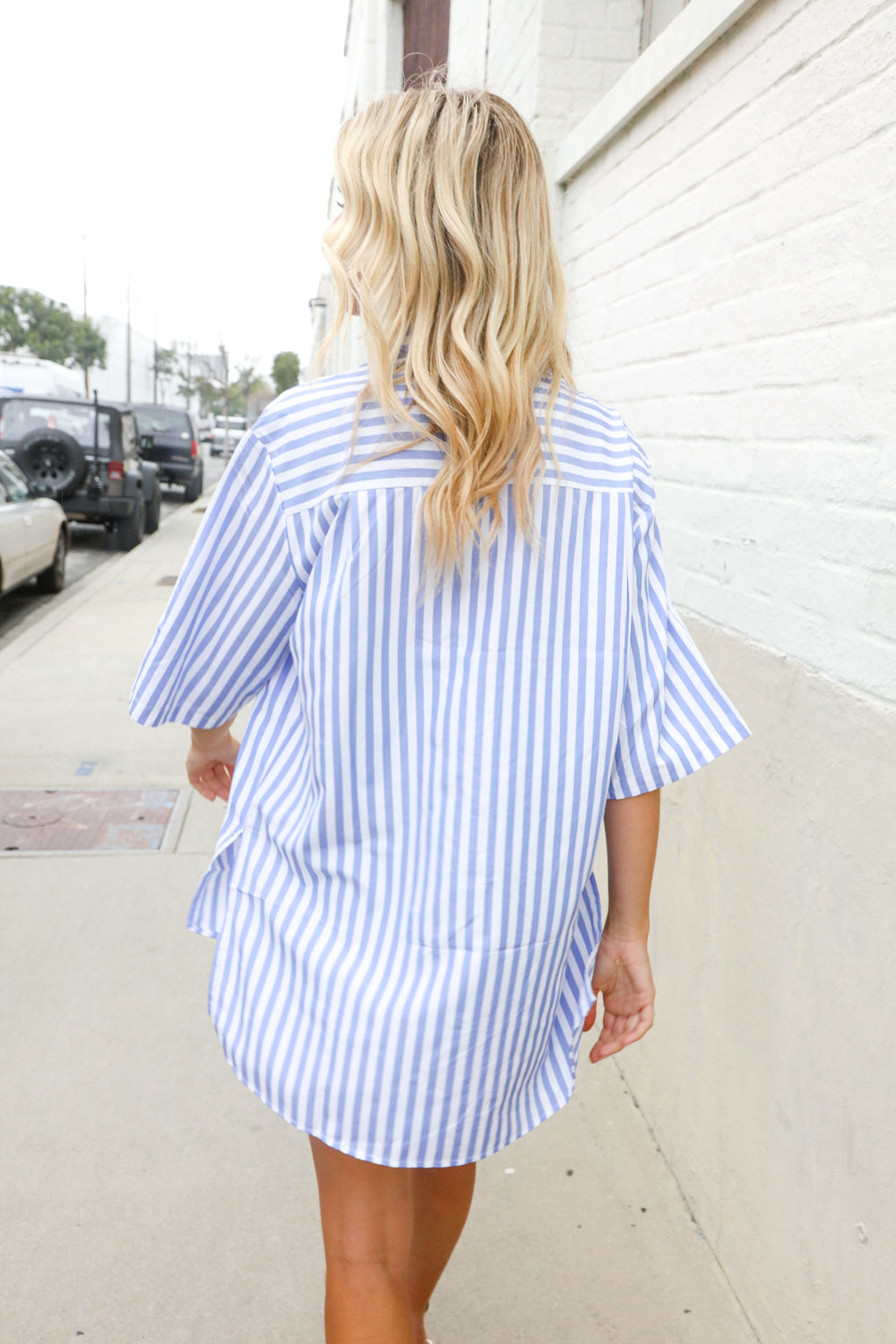 Put Together Blue & White Stripe Button-Down Hi-Lo Top