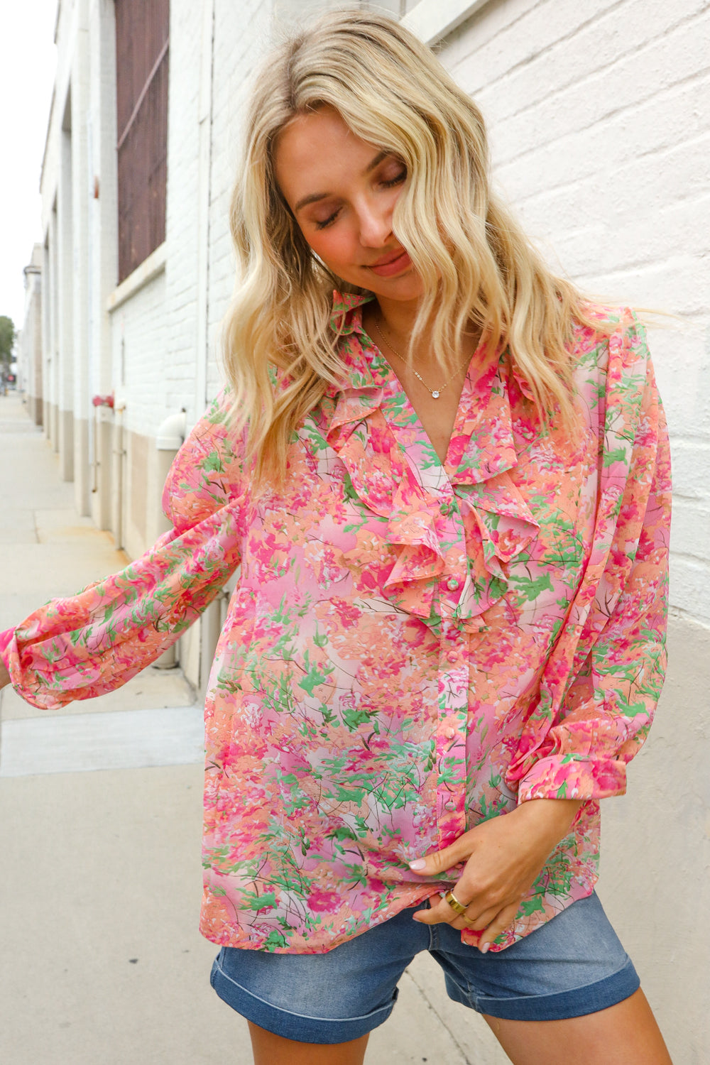Classy Chic Rose Floral Ruffle Button Down Chiffon Top