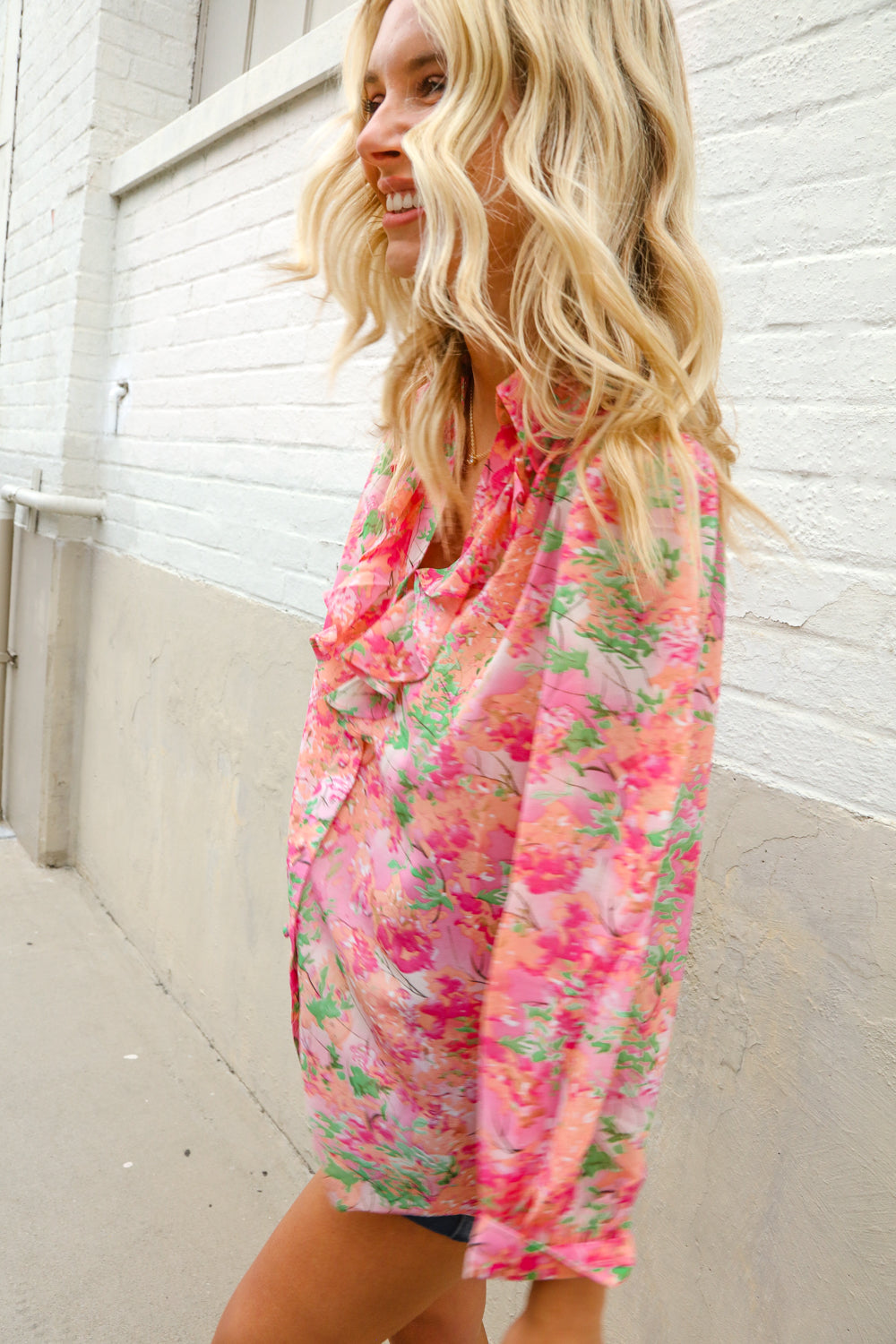 Classy Chic Rose Floral Ruffle Button Down Chiffon Top