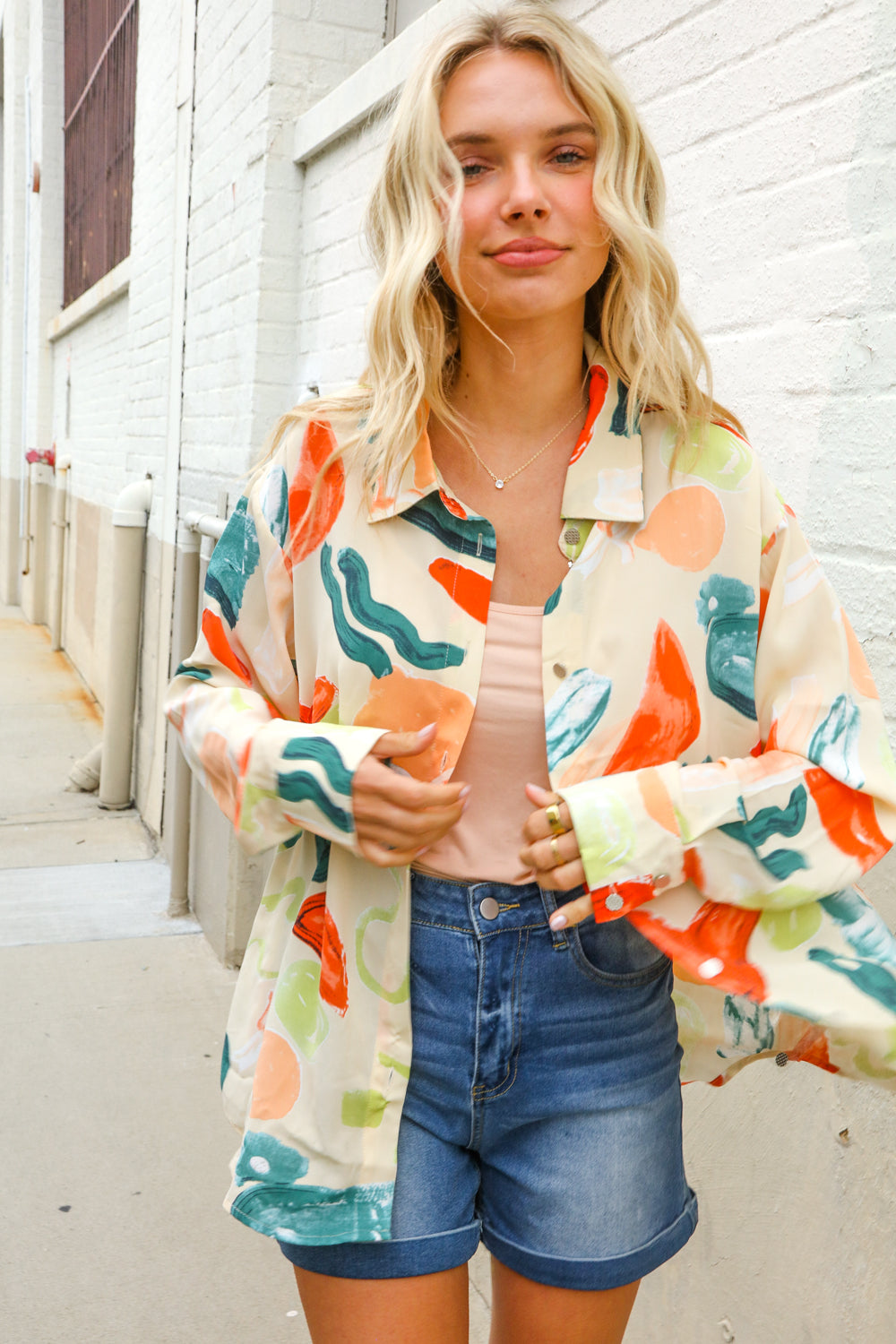 Be Bold Ivory Multicolor Abstract Print Button Down Shirt Top