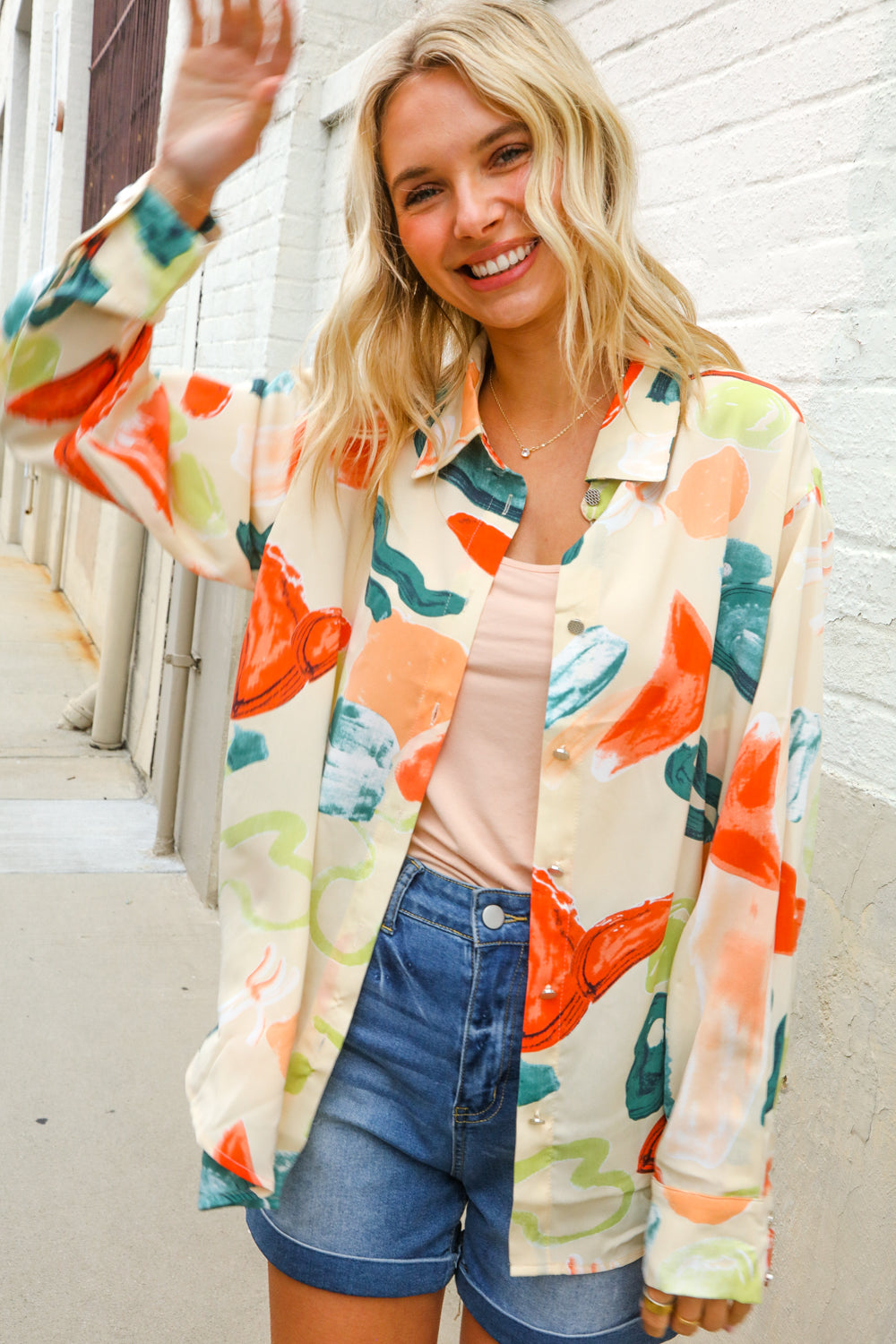 Be Bold Ivory Multicolor Abstract Print Button Down Shirt Top