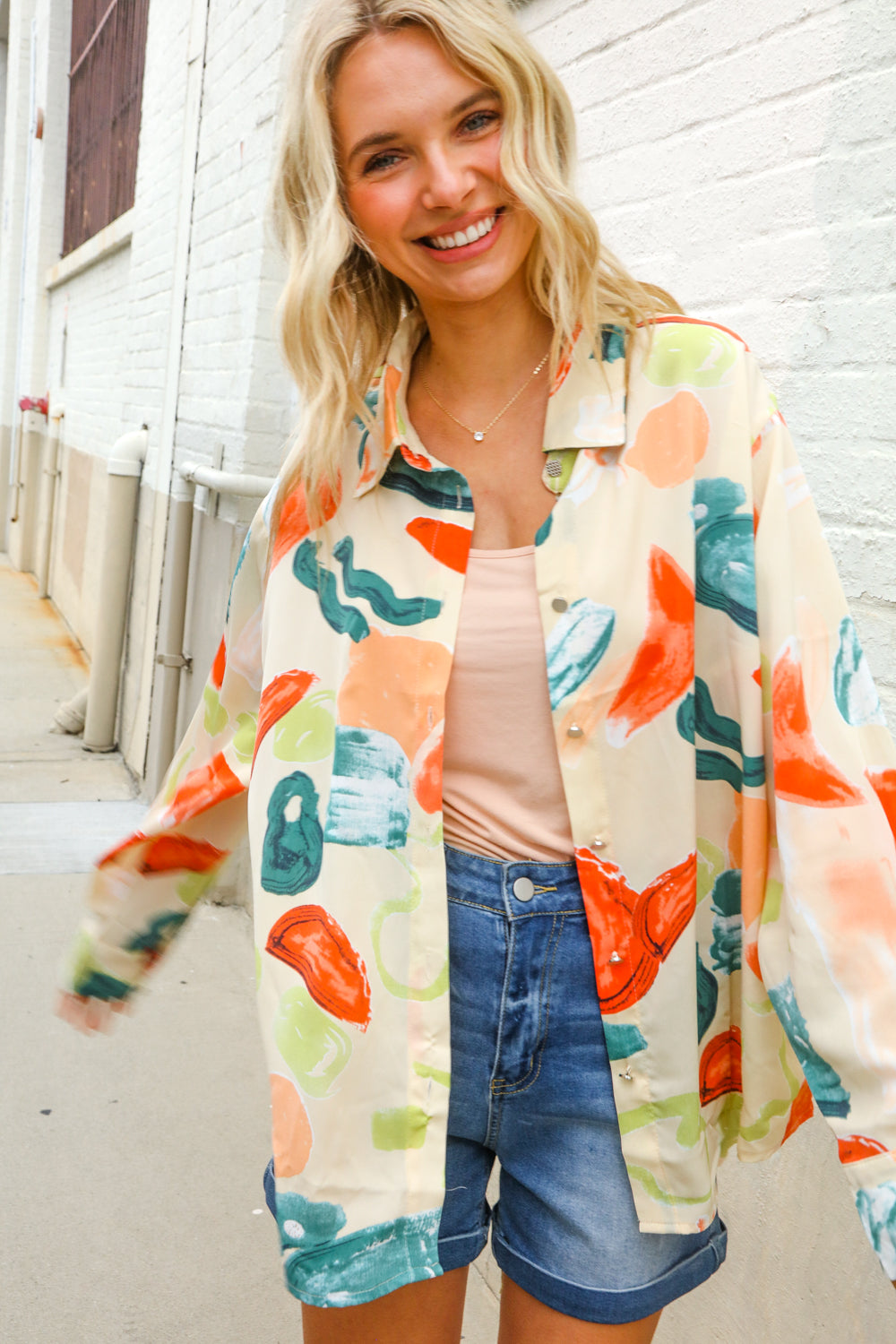 Be Bold Ivory Multicolor Abstract Print Button Down Shirt Top