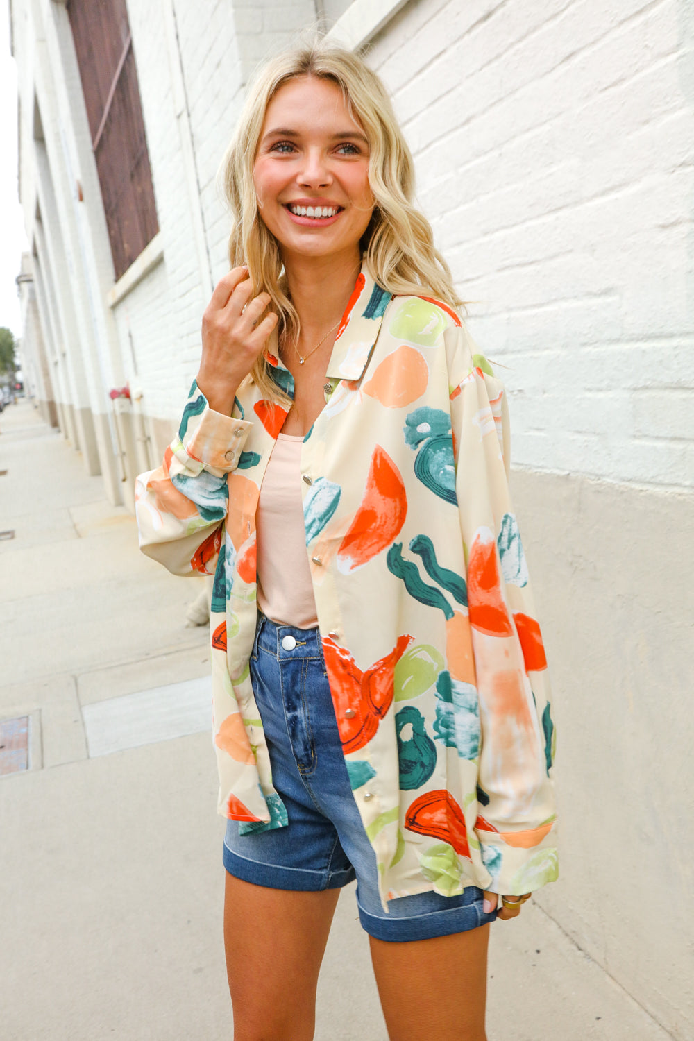 Be Bold Ivory Multicolor Abstract Print Button Down Shirt Top