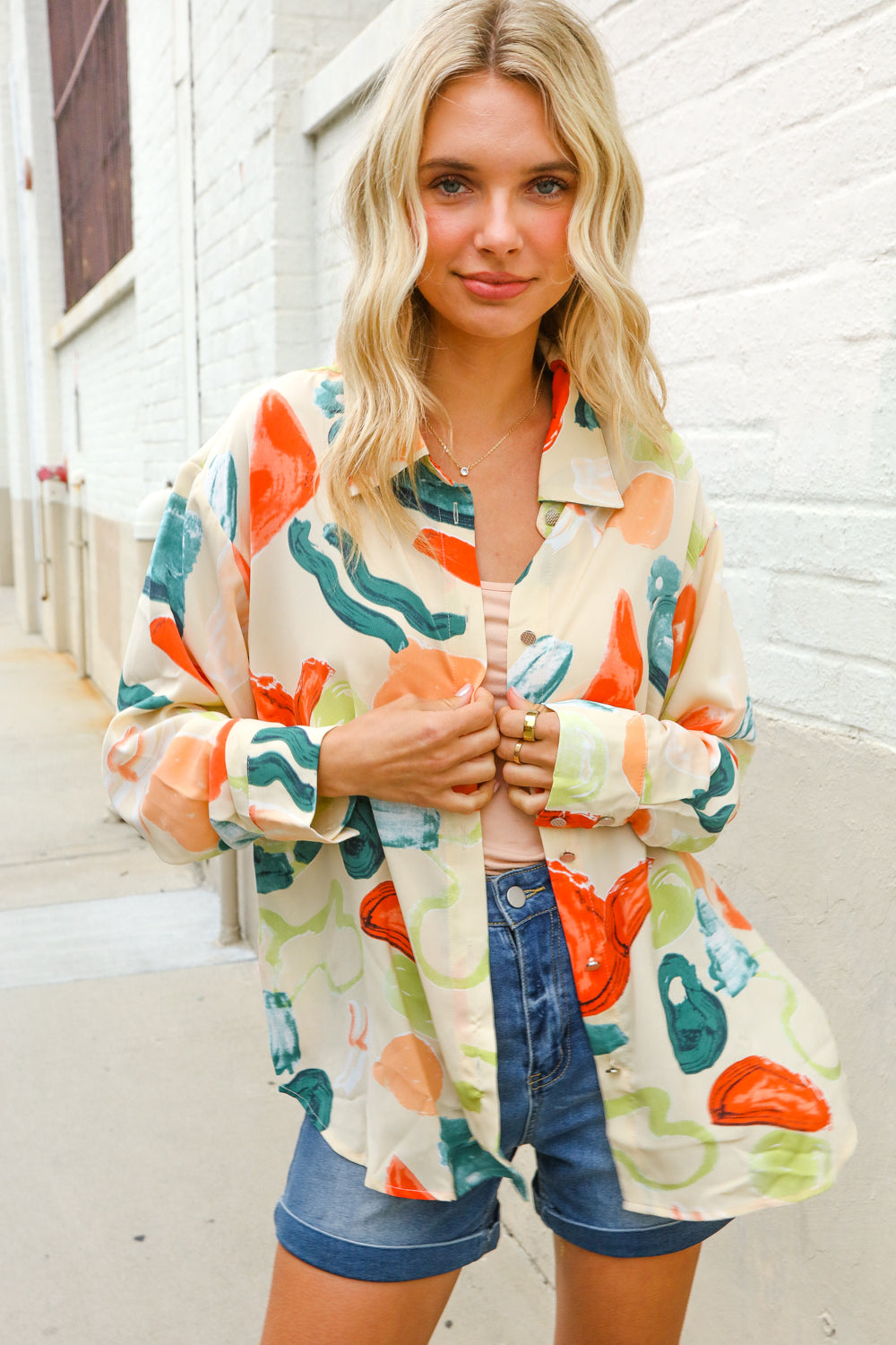 Be Bold Ivory Multicolor Abstract Print Button Down Shirt Top