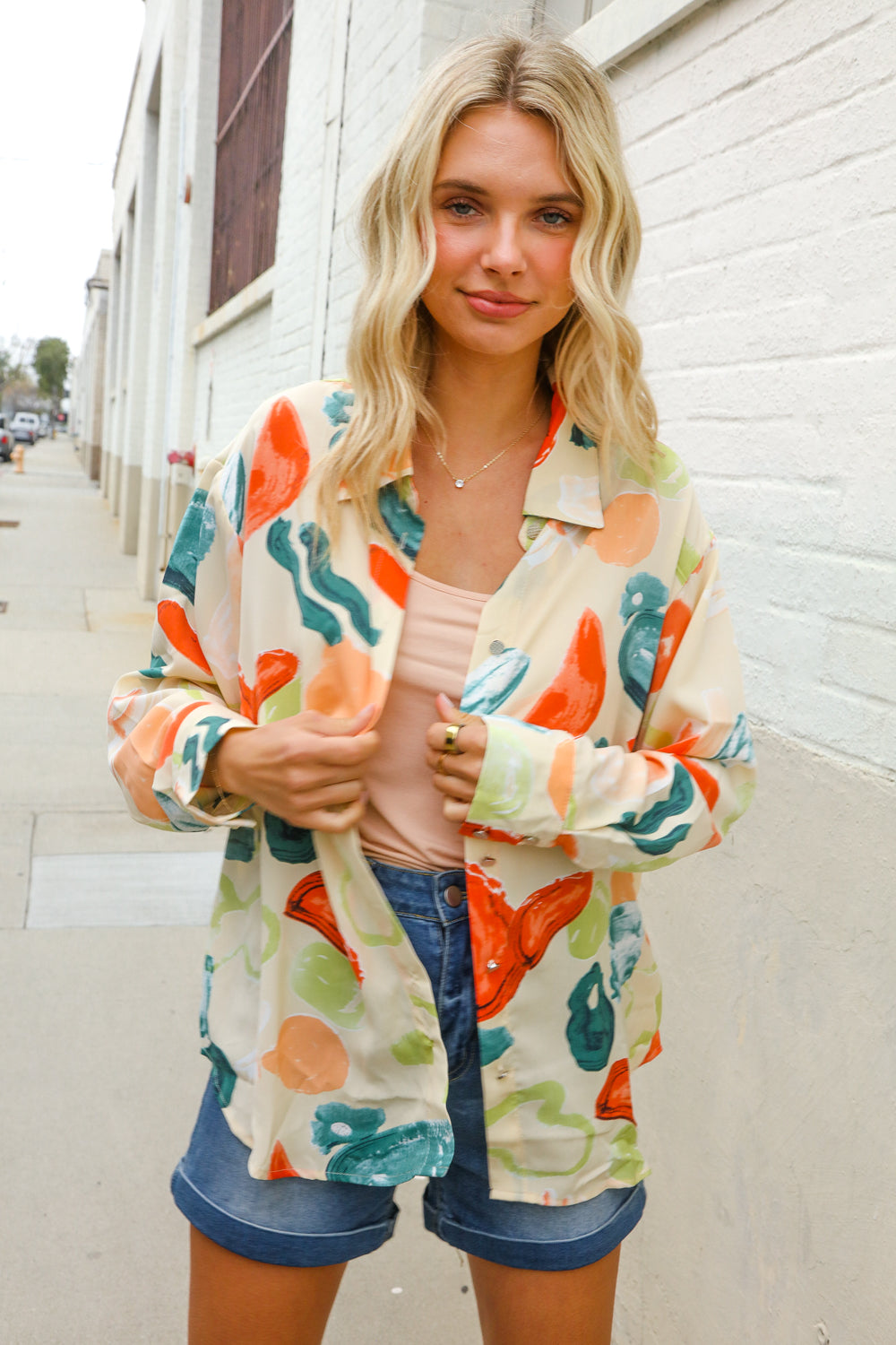 Be Bold Ivory Multicolor Abstract Print Button Down Shirt Top