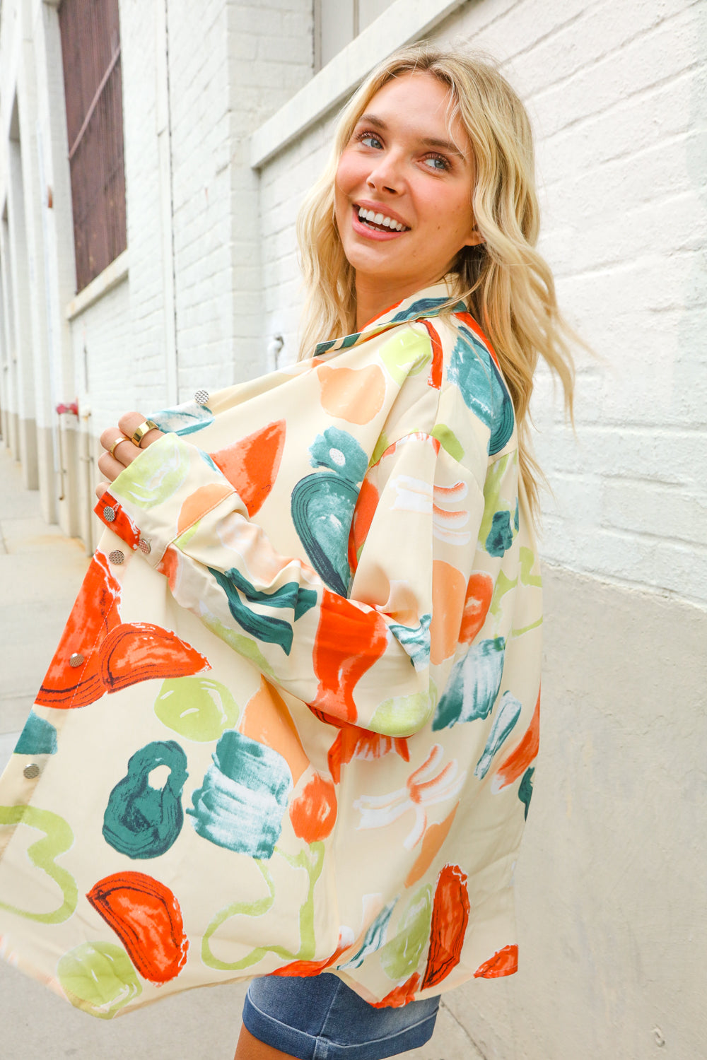 Be Bold Ivory Multicolor Abstract Print Button Down Shirt Top